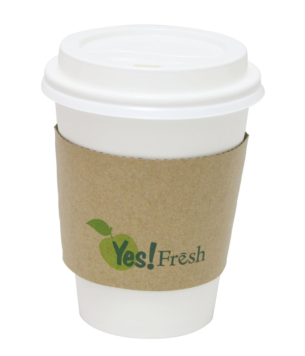 Durable White Paper Hot Coffee Cups with Cappuccino Lids and Protective Corrugated Cup Sleeves, Qty of 50 (White 12oz)