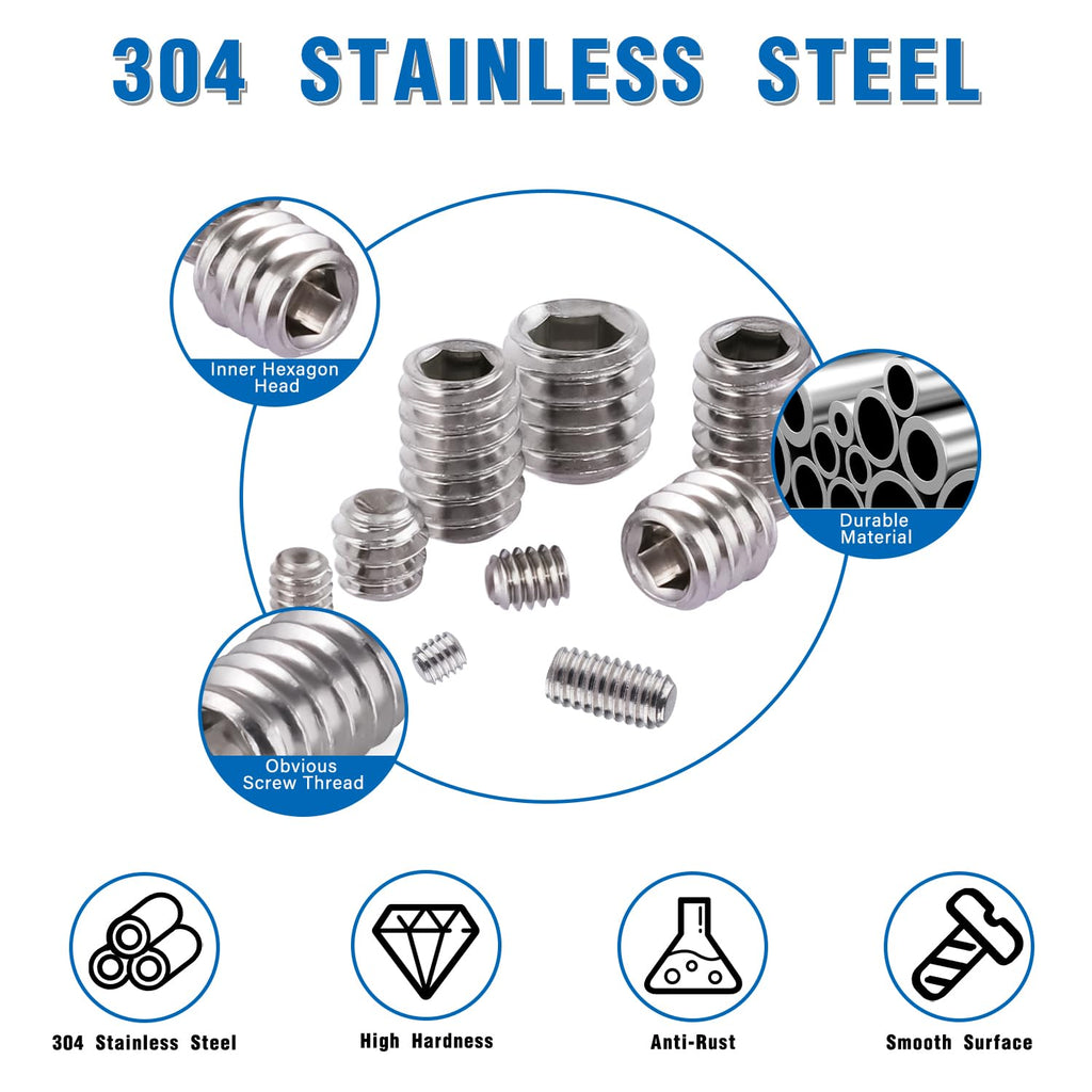 EilxMag 830pcs Metric + Standard SAE Allen Head Socket Hex Grub Screw Set 304 Stainless Steel Internal Hex Drive Cup-Point Screws Assortment Kit (M3-M8, 1/8"-40 to 5/16"-18)