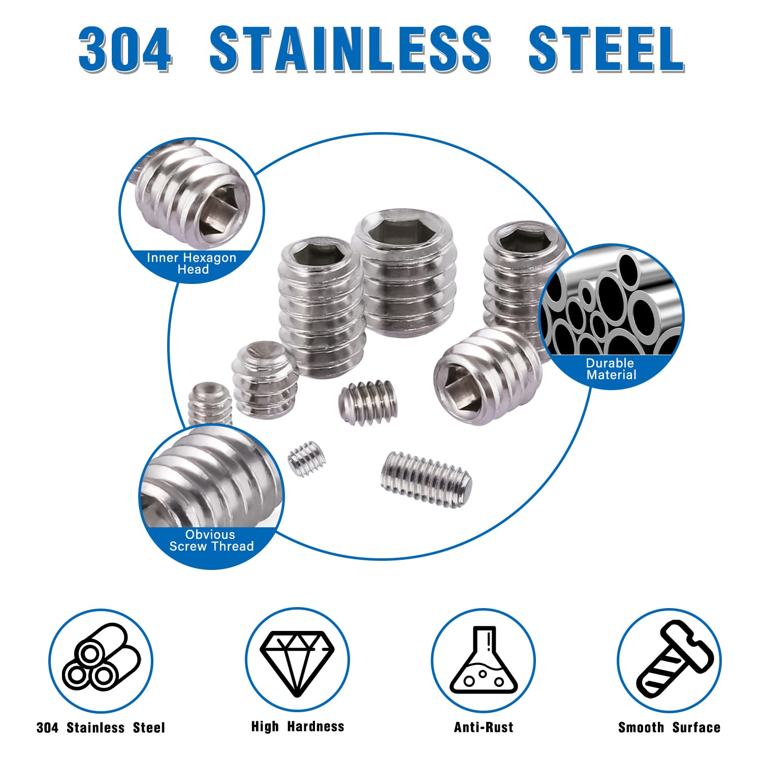 EilxMag 830pcs Metric + Standard SAE Allen Head Socket Hex Grub Screw Set 304 Stainless Steel Internal Hex Drive Cup-Point Screws Assortment Kit (M3-M8, 1/8"-40 to 5/16"-18)