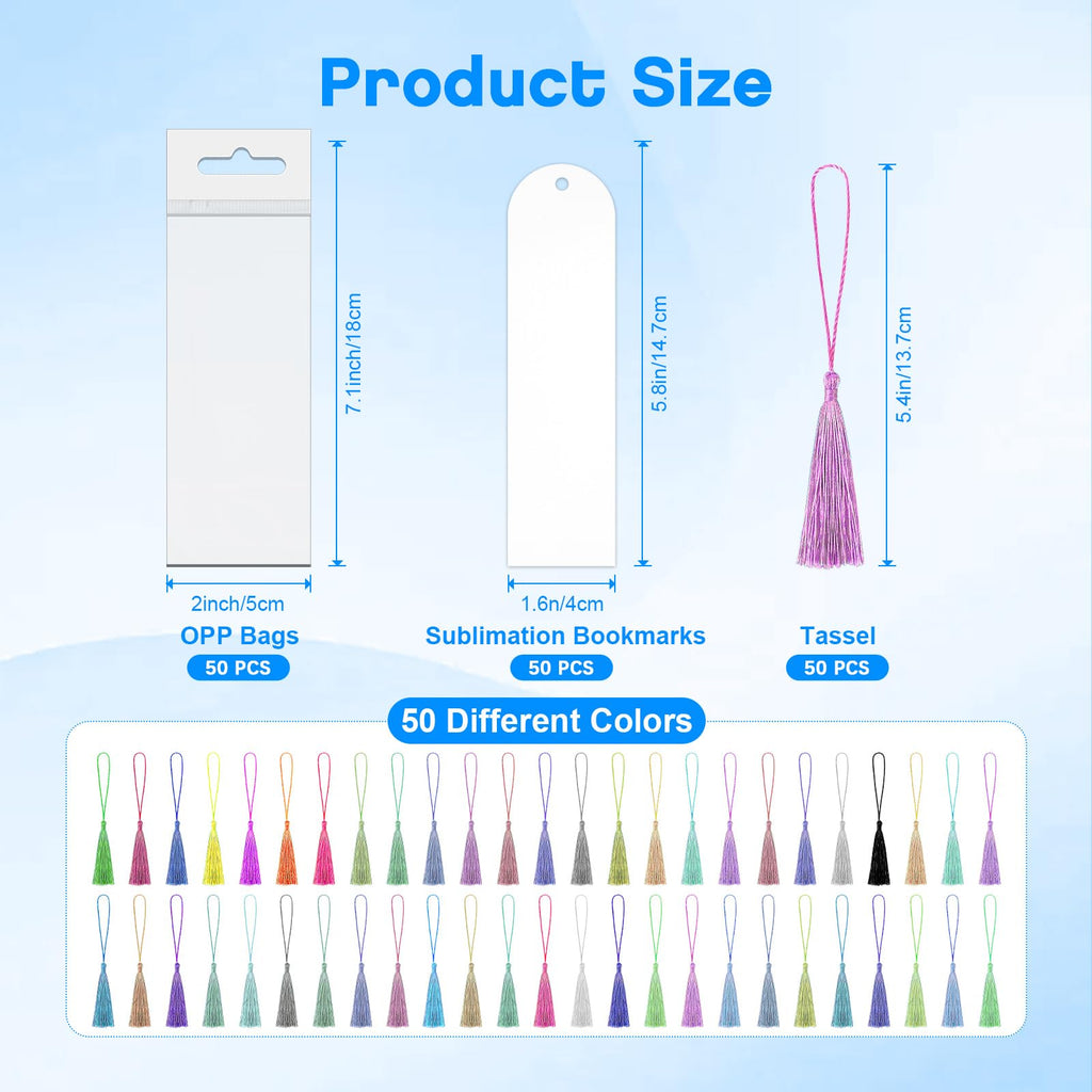50 Pcs Sublimation Blank Bookmarks, Heat Transfer Metal Aluminum Sublimation DIY Bookmarks with 50 Pcs Colorful Tassels for Crafts, Reading Gifts (5.9" x 1.6")