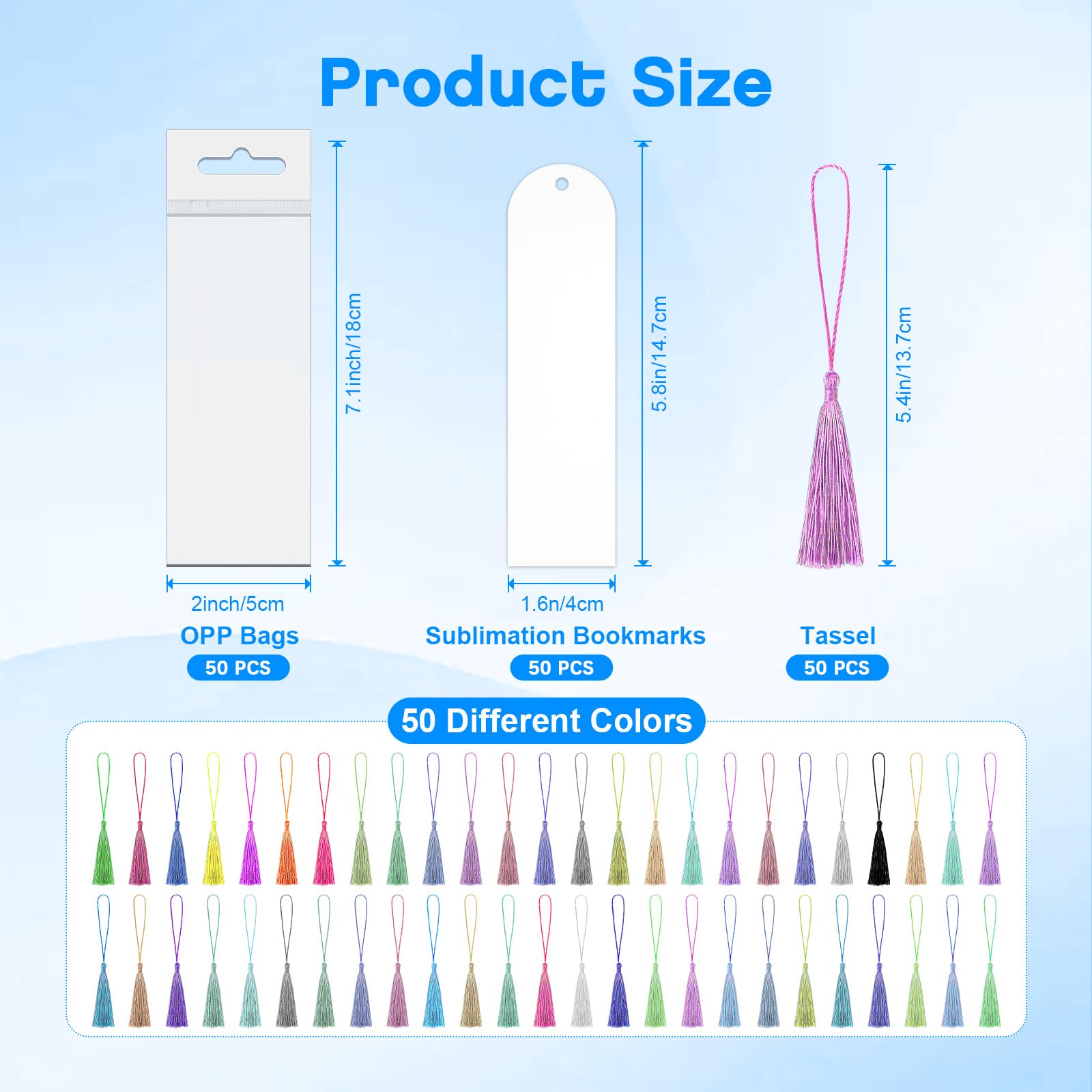 50 Pcs Sublimation Blank Bookmarks, Heat Transfer Metal Aluminum Sublimation DIY Bookmarks with 50 Pcs Colorful Tassels for Crafts, Reading Gifts (5.9" x 1.6")
