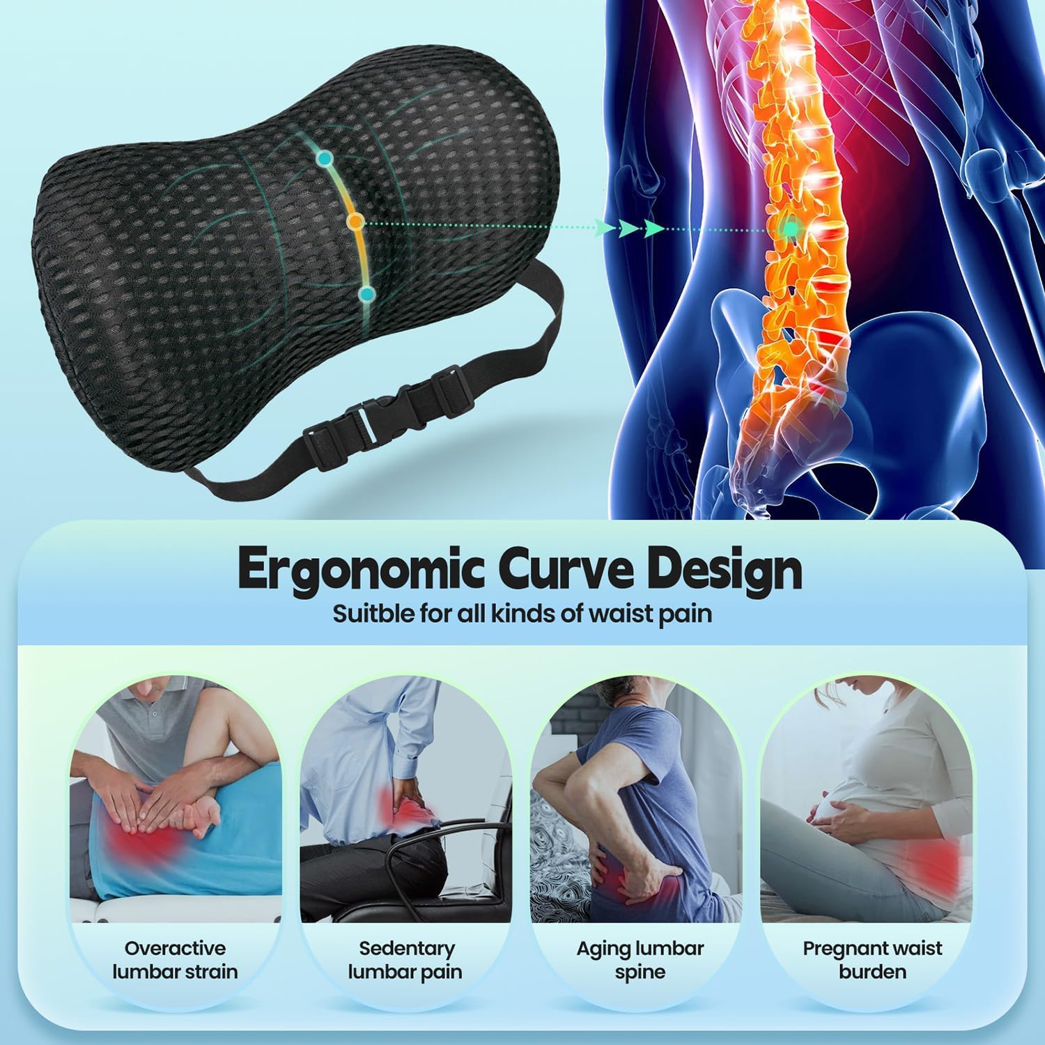 AsBellt Lumbar Support Memory Foam Pillow with Adjustable Elastic Strap, Improves Posture, Promotes Back Pain Relief, Great for Car Seat, Office Chair, Back Support, Recliner and Bed