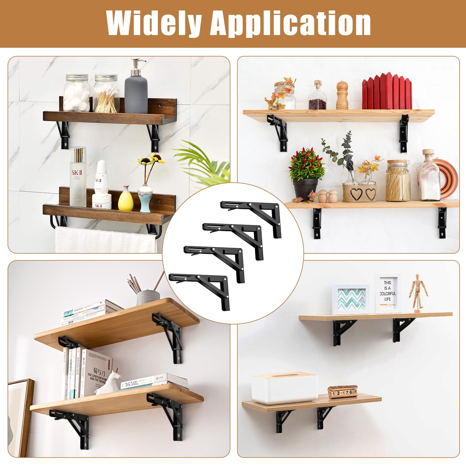 4 Pcs Folding Shelf Brackets, 8 inch Heavy Duty Foldable Triangle Shelving Brackets with Screws, Black Metal Wall Mounted Brackets for Bench Table, Space Saving, Shelves Support DIY