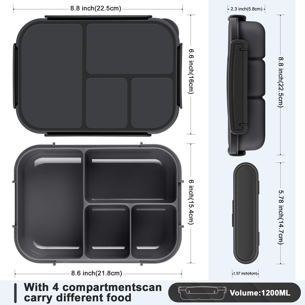 Amathley Lunch Box Kids,Bento Box Adult Lunch Box,Leakproof Lunch Containers for Adults/Kids/Toddler,1200ML-4 Compartments bento Lunch box with Utensil,Microwave & Dishwasher Safe(Dark Gray)