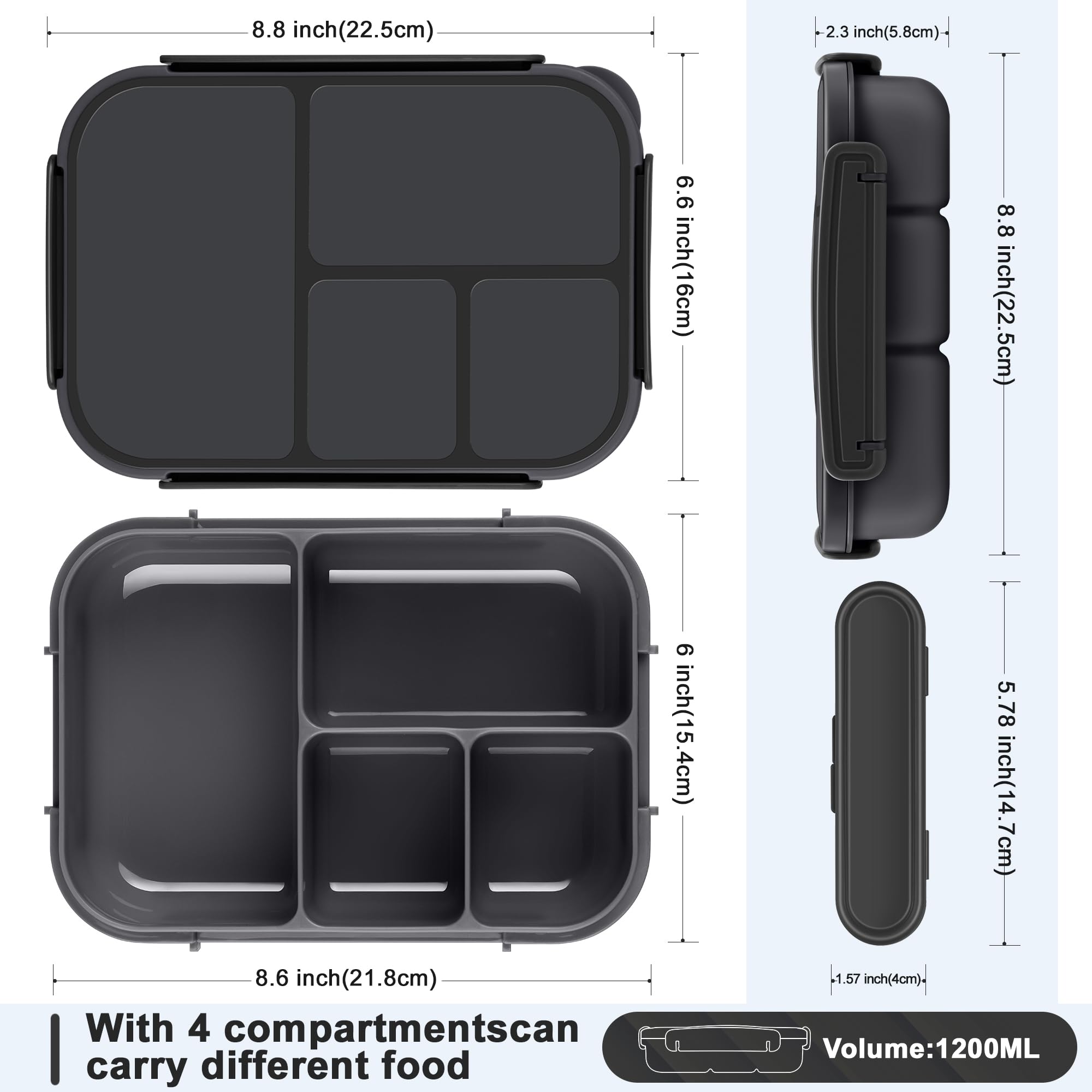 Amathley Lunch Box Kids,Bento Box Adult Lunch Box,Leakproof Lunch Containers for Adults/Kids/Toddler,1200ML-4 Compartments bento Lunch box with Utensil,Microwave & Dishwasher Safe(Dark Gray)