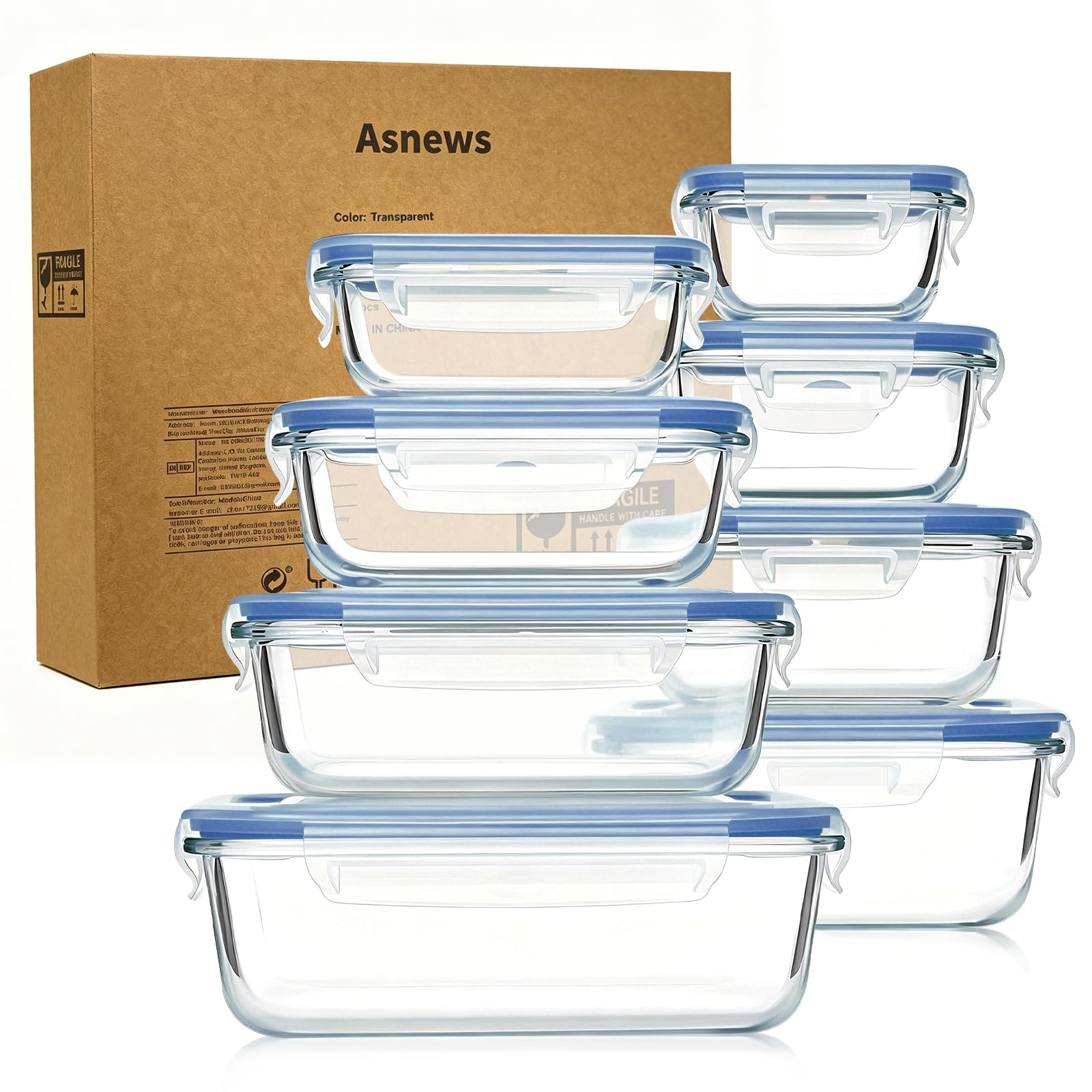 Asnews 8 Pack Glass Meal Prep Containers with Lids, Glass Food Storage Containers with Snap Locking Lids, Airtight Lunch Containers for Microwave, Oven, Freezer and Dishwasher BPA Free (Blue)