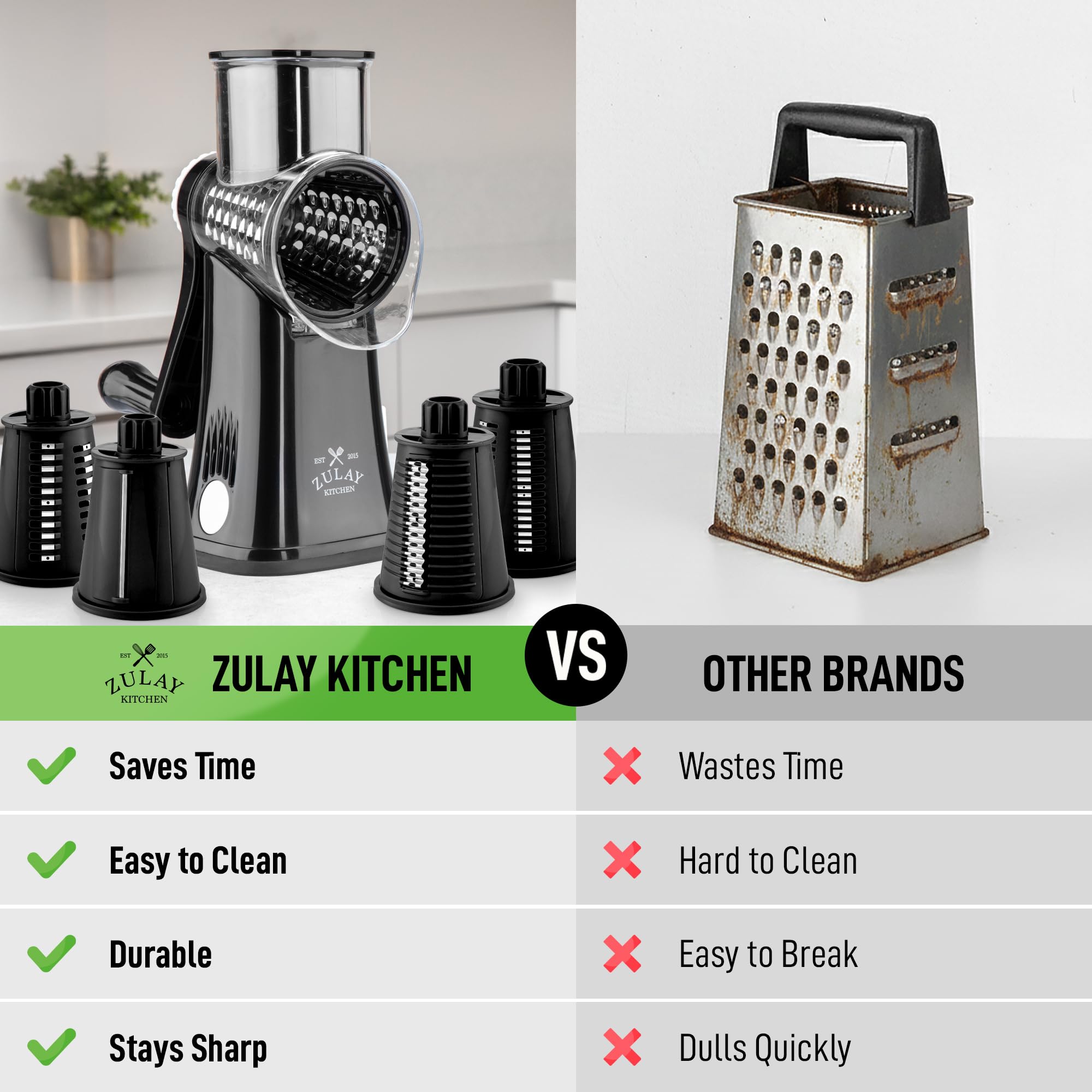 Zulay Kitchen 5-Blade Rotary Cheese Grater - Manual Hand Crank Cheese Shredder with Reinforced Suction & 5 Interchangeable Drums - Vegetable Chopper & Round Mandoline Slicer