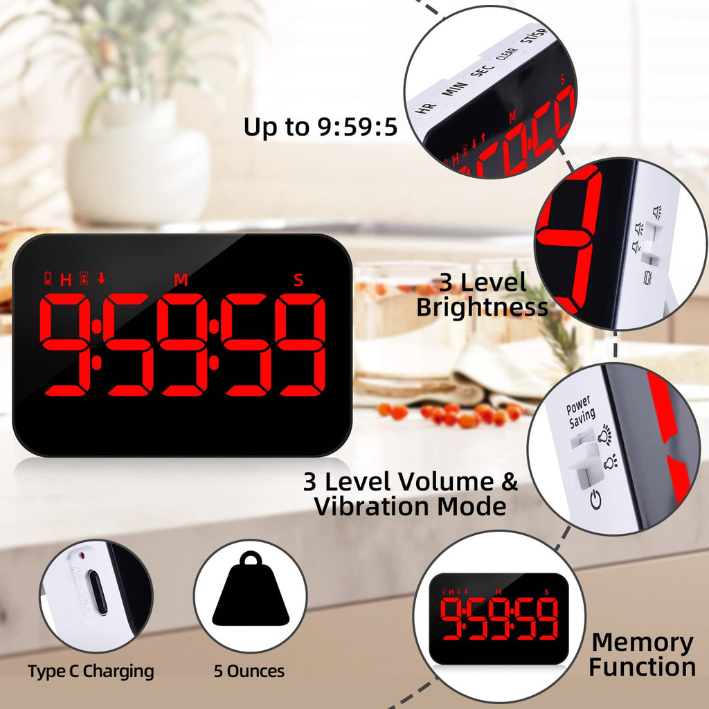 Kitchen Timer for Cooking, 10 RGB Color Changing Digital Magnetic Timer, Countdown/Up, Rechargeabilit, 3 Brightness Display, 3 Volume Levels and Vibration Mode, for Classroom, Home, Study, Fitness