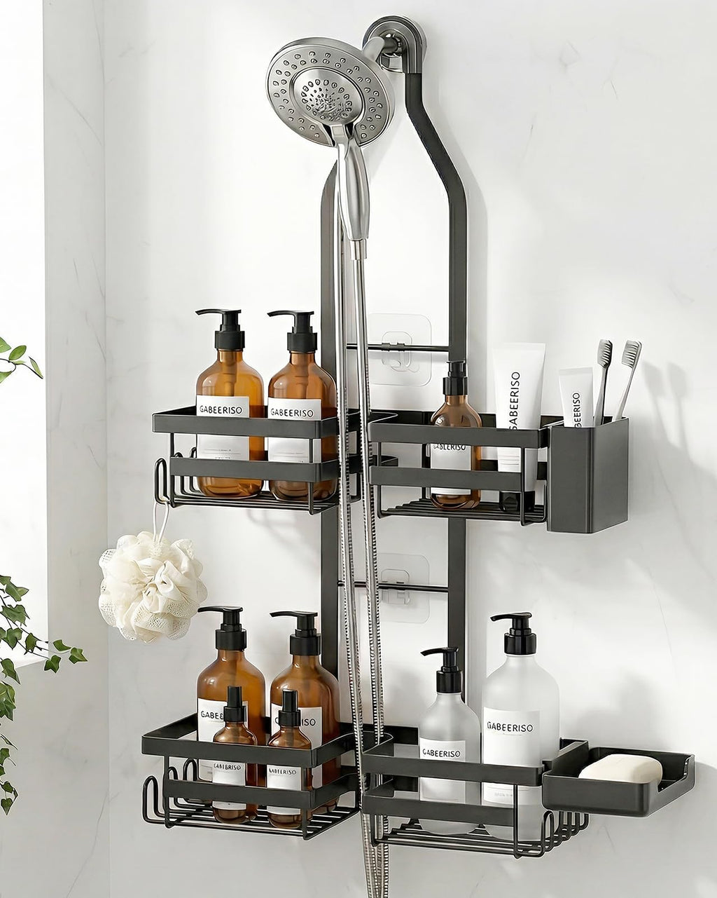 Gabeeriso Shower Caddy Hanging, Bathroom Organizer Black Rustproof 2-Tier Adjustable Height Over Shower Head with Soap/Toothbrush Holder &12 Hooks, No Drilling Shower Storage