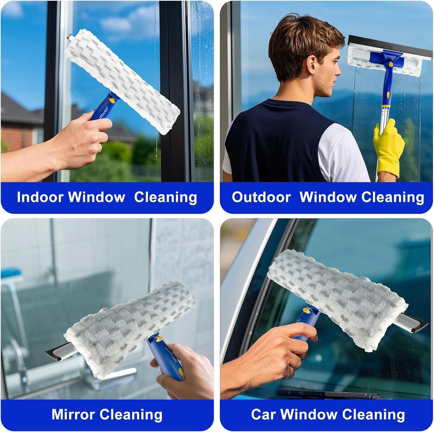 ITTAHO 81" Window Squeegee Cleaner,2 in 1 Window Cleaning Tool Kit,Shower Squeegee with Extension Pole，Glass Cleaning Tools for Shower Glass,Indoor/Outdoor High Window Cleaning-Two Pads