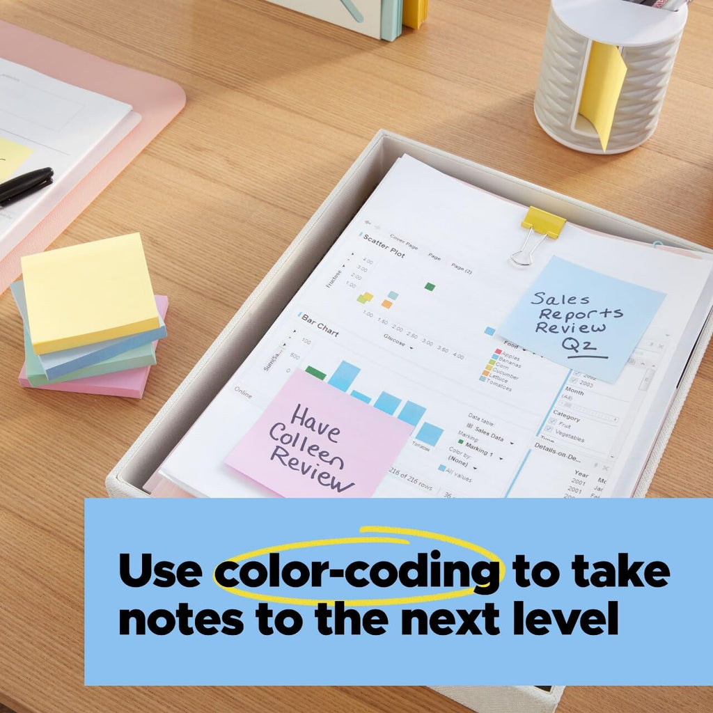 Post-it 100% Recycled Paper Super Sticky Notes, 18 Sticky Note Pads, 1 7/8 in. x 1 7/8 in., Wanderlust Pastels Collection, New Year Organization or Second Semester School Supplies