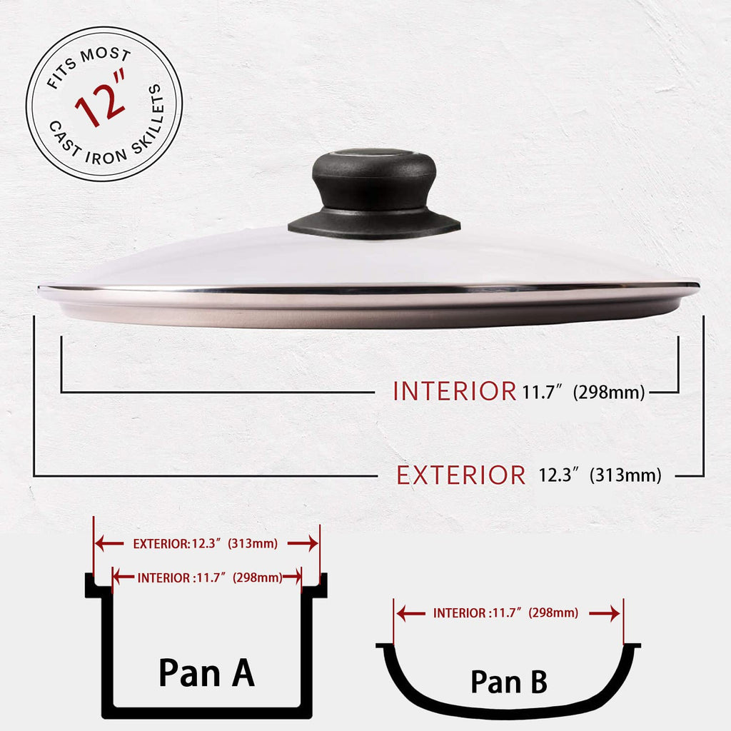 12 Inch Glass Lid for Frying Pan, Fry Pan Lid, Skillet Lid, Pan Lid with Handle Coated, Fits Lodge 12 Inch Cast Iron Skillets and 7 Quart Dutch Ovens12"/30cm, Clear