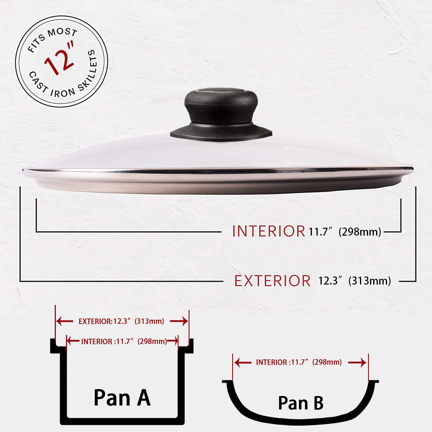12 Inch Glass Lid for Frying Pan, Fry Pan Lid, Skillet Lid, Pan Lid with Handle Coated, Fits Lodge 12 Inch Cast Iron Skillets and 7 Quart Dutch Ovens12"/30cm, Clear