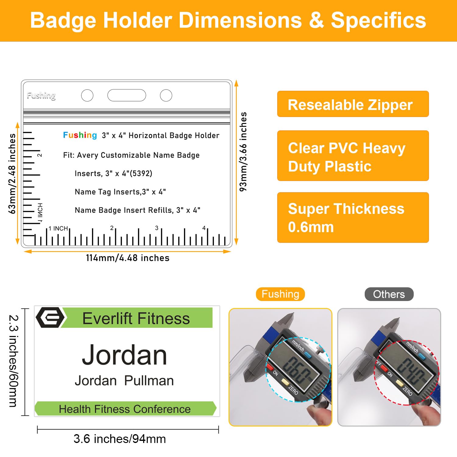 Fushing Pack of 50 Clear Plastic Horizontal Badge Holders, Name Tag Holders, Card Holders(L)