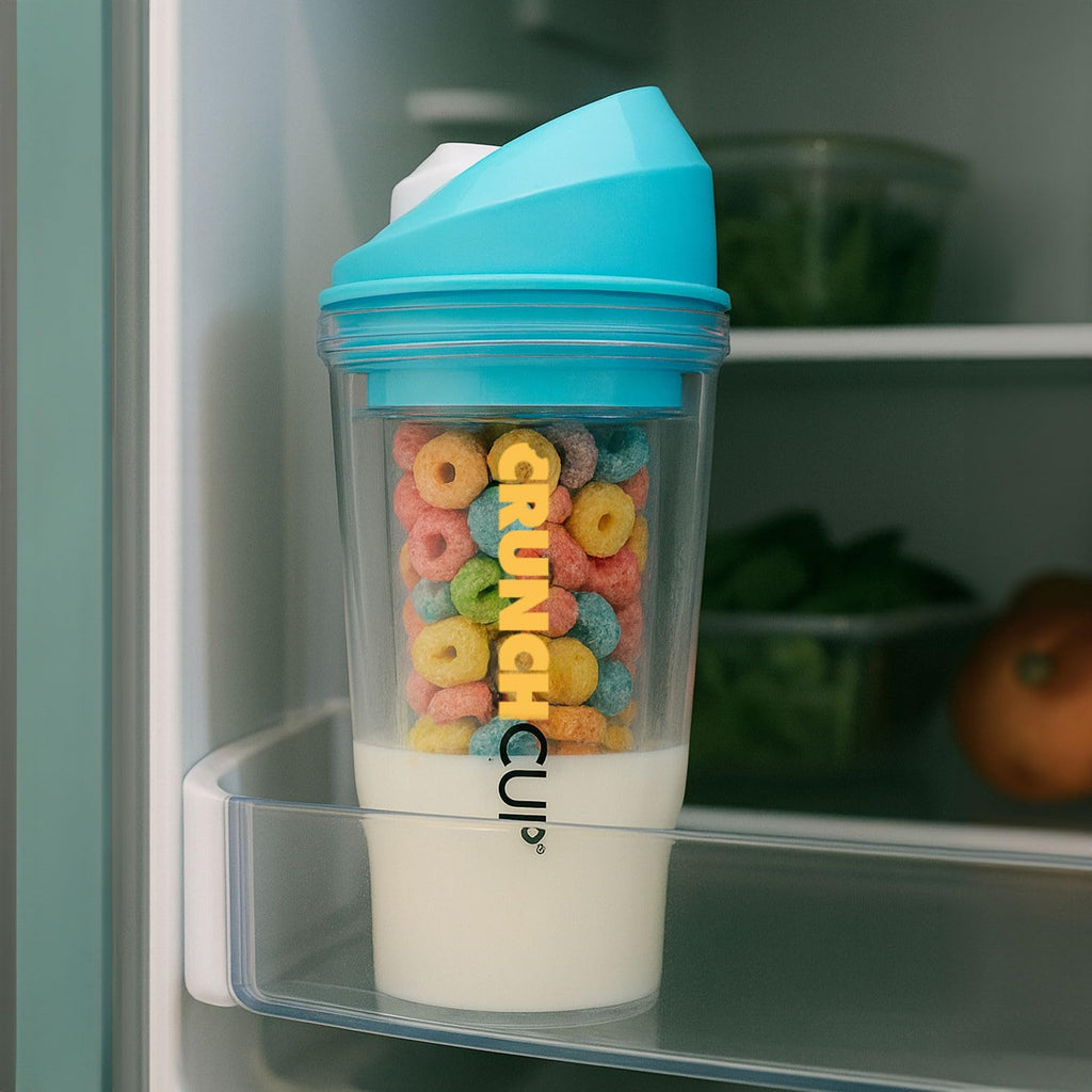 The CRUNCHCUP XL Blue - Portable Plastic Cereal Cups for Breakfast On the Go, to Go Cereal and Milk Container for Your Favorite Breakfast Cereals, No Spoon or Bowl Required