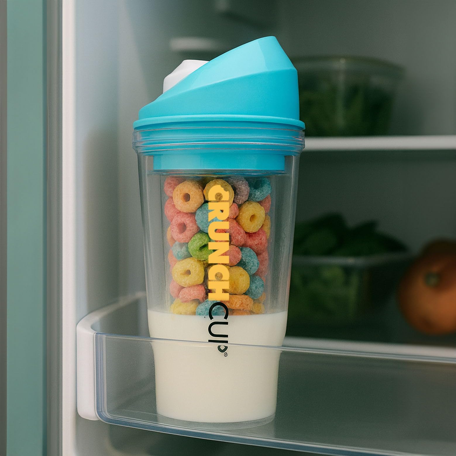 The CRUNCHCUP XL Blue - Portable Plastic Cereal Cups for Breakfast On the Go, to Go Cereal and Milk Container for Your Favorite Breakfast Cereals, No Spoon or Bowl Required