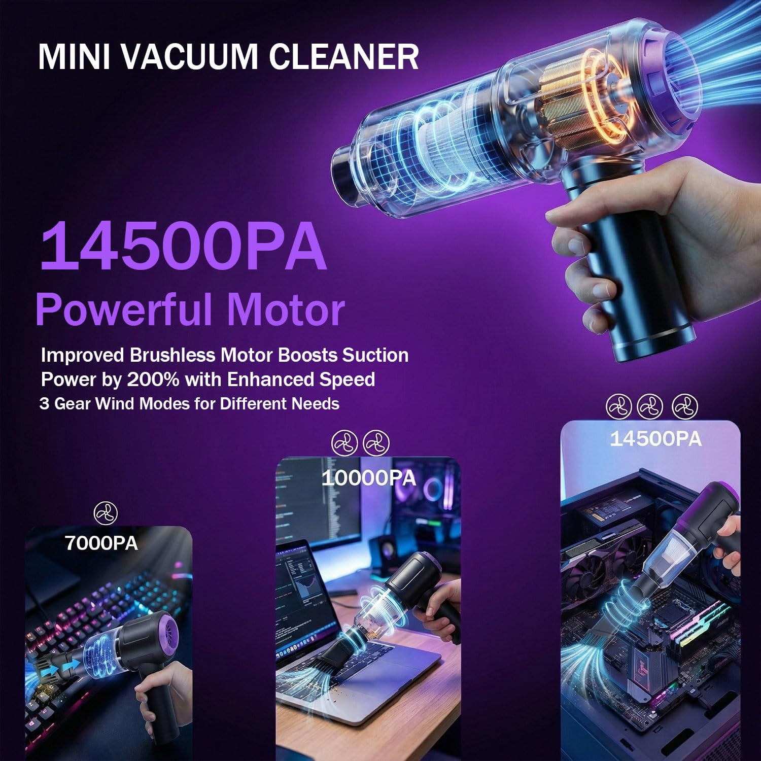 Goweto 14.5KPA Computer Keyboard Vacuum Cleaner &110000RPM Electric Air Duster 3-in-1,Replaces Canned Air,for PC Tower & Car Laptop Sewing Machine Portable Keyboard Vac USB Desk Crumbs Dust Cleaners