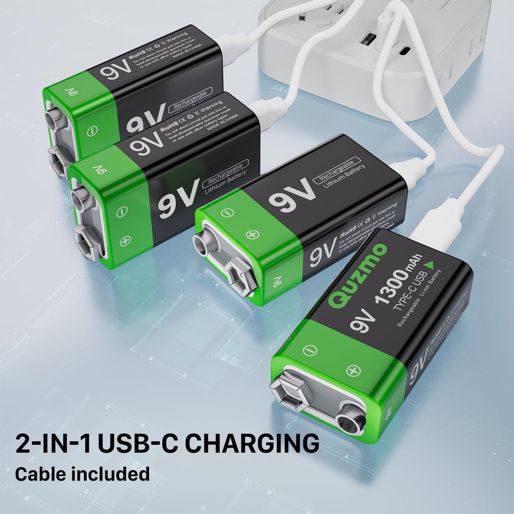 3-Pack Rechargeable 9 Volt Lithium-ion Batteries, 1300mAh Long Lasting Power, USB-C Recharge with 2 in 1 Charging Cable for Smoke Alarms,Multimeters,Microphones,Walkie-Talkie,Toys