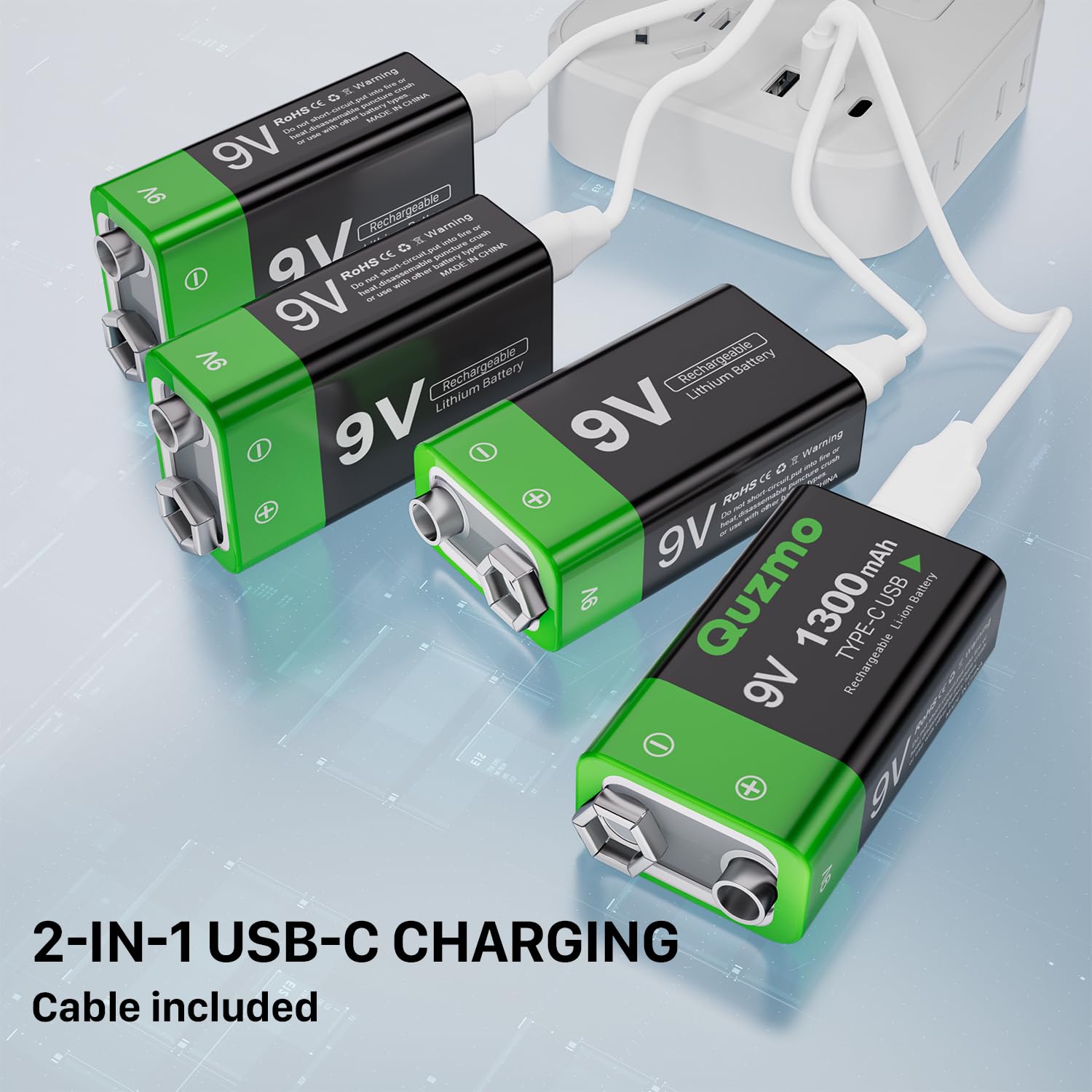3-Pack Rechargeable 9 Volt Lithium-ion Batteries, 1300mAh Long Lasting Power, USB-C Recharge with 2 in 1 Charging Cable for Smoke Alarms,Multimeters,Microphones,Walkie-Talkie,Toys