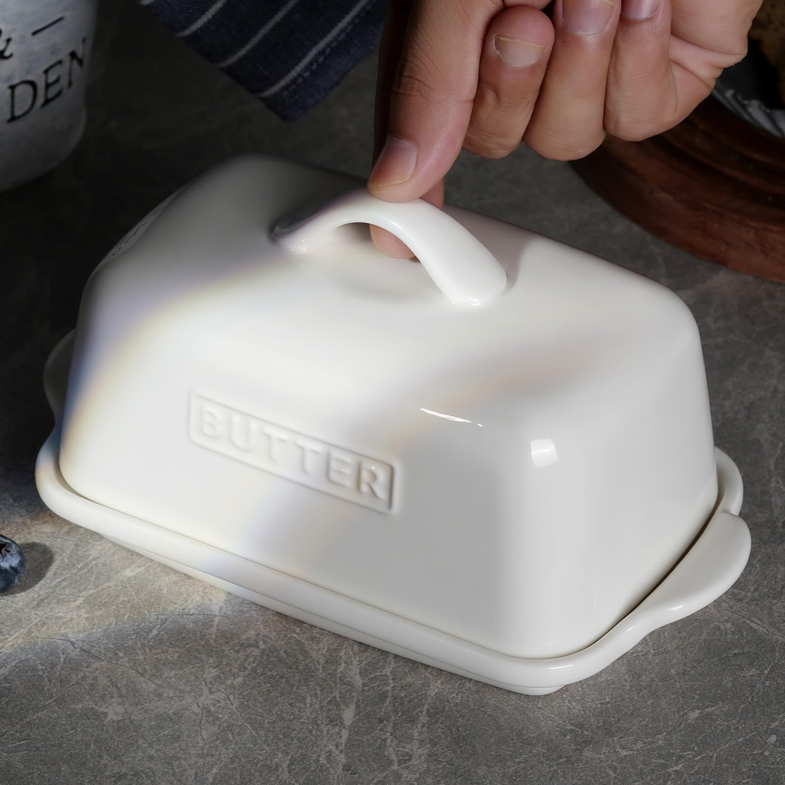 Large Butter Dish for 1 lb Block of Canadian Butter, Porcelain Butter Keeper Fit a Full Pound Block of Butter, Butter Container for an Entire Pound Butter, ADIVEE, Color-White.