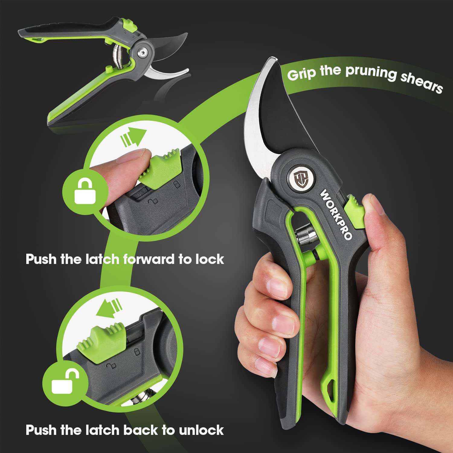 WORKPRO Bypass Pruning Shears, 8" Stainless Steel Gardening Hand Pruner, Professional Garden Trimming Scissors with Sharp SK5 Steel Blades, Ideal Garden Tool, Green