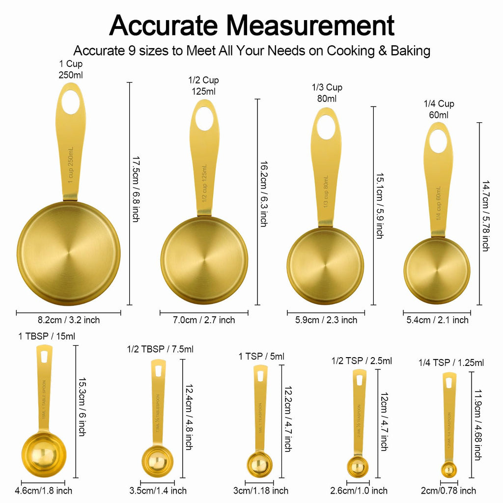 GuDoQi Measuring Cups and Spoons Set of 9, Stainless Steel Handle with Metric and US Measurements, Golden Polished Finish, Dry & Liquid Ingredient Measuring Cup for Cooking and Baking