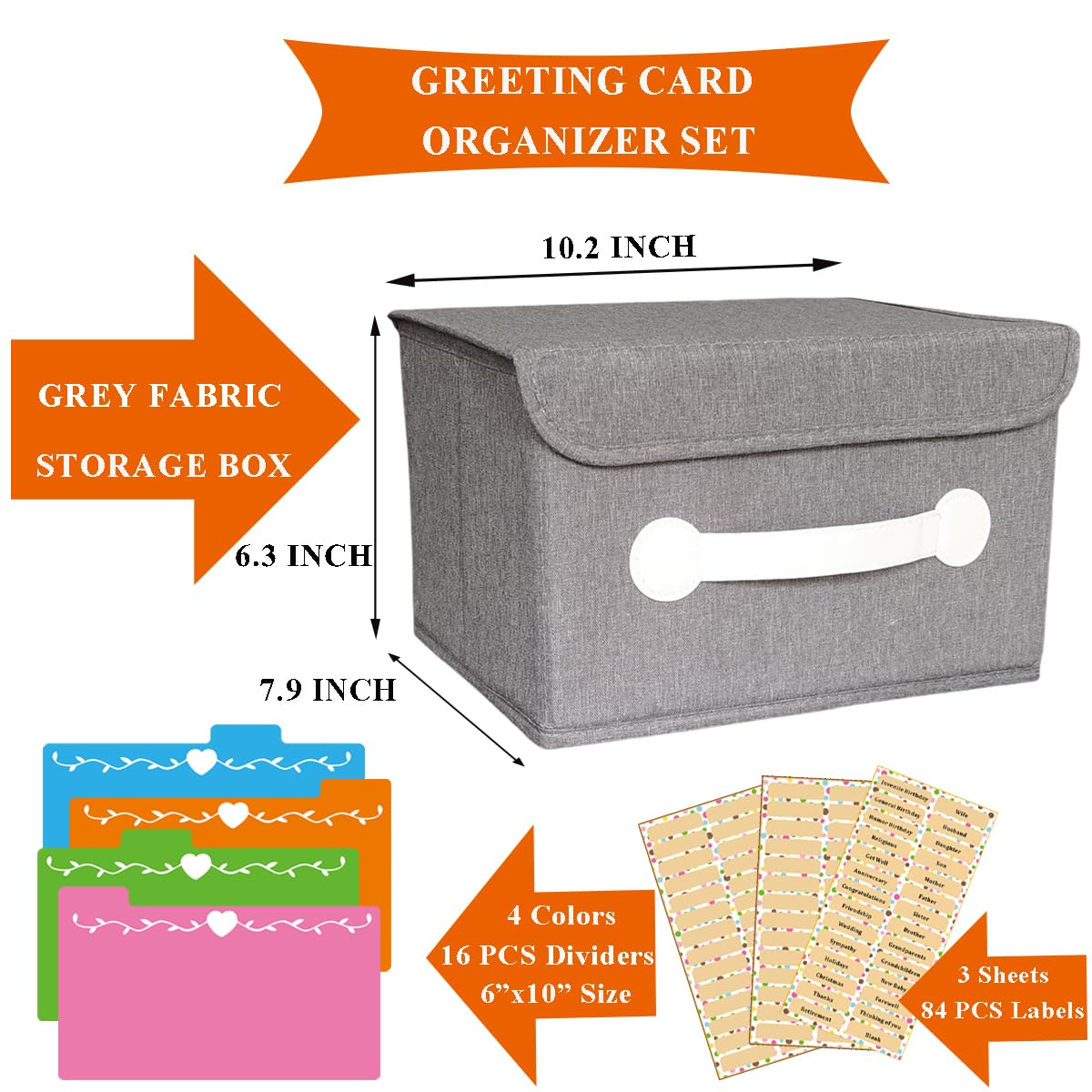 DOFFICE Greeting Cards Assortment Box, Greeting Card Organizer Box with 16 Pieces Colorful Dividers, Storing 120+ Cards with 84 Pieces Self Stick Labels (Grey)