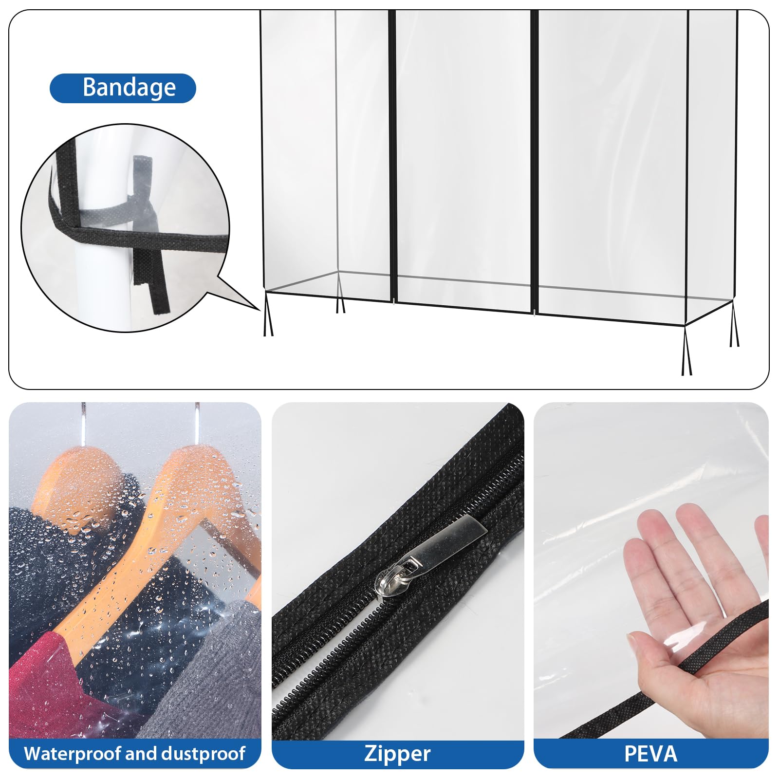 Zilink 50'' Clear Garment Rack Cover Dustproof Clothes Rack Cover Clear Garment Bags Waterproof Wardrobe Cover with 2 Durable Zippers for Garment Rack,(Rack Not Included)
