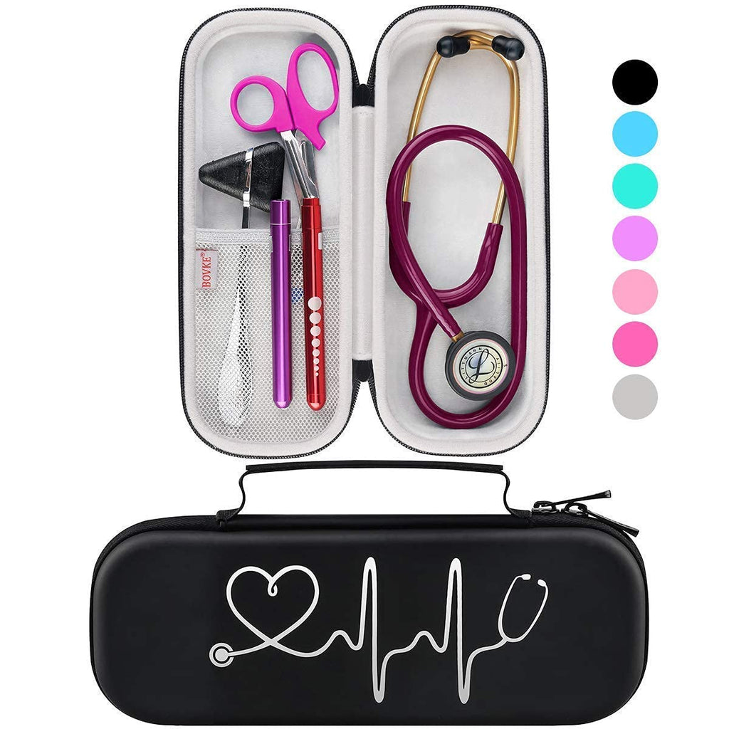 BOVKE Travel Carrying Case for 3M Littmann Classic III Stethoscope - Extra Room for Taylor Percussion Reflex Hammer and Reusable LED Penlight, Black