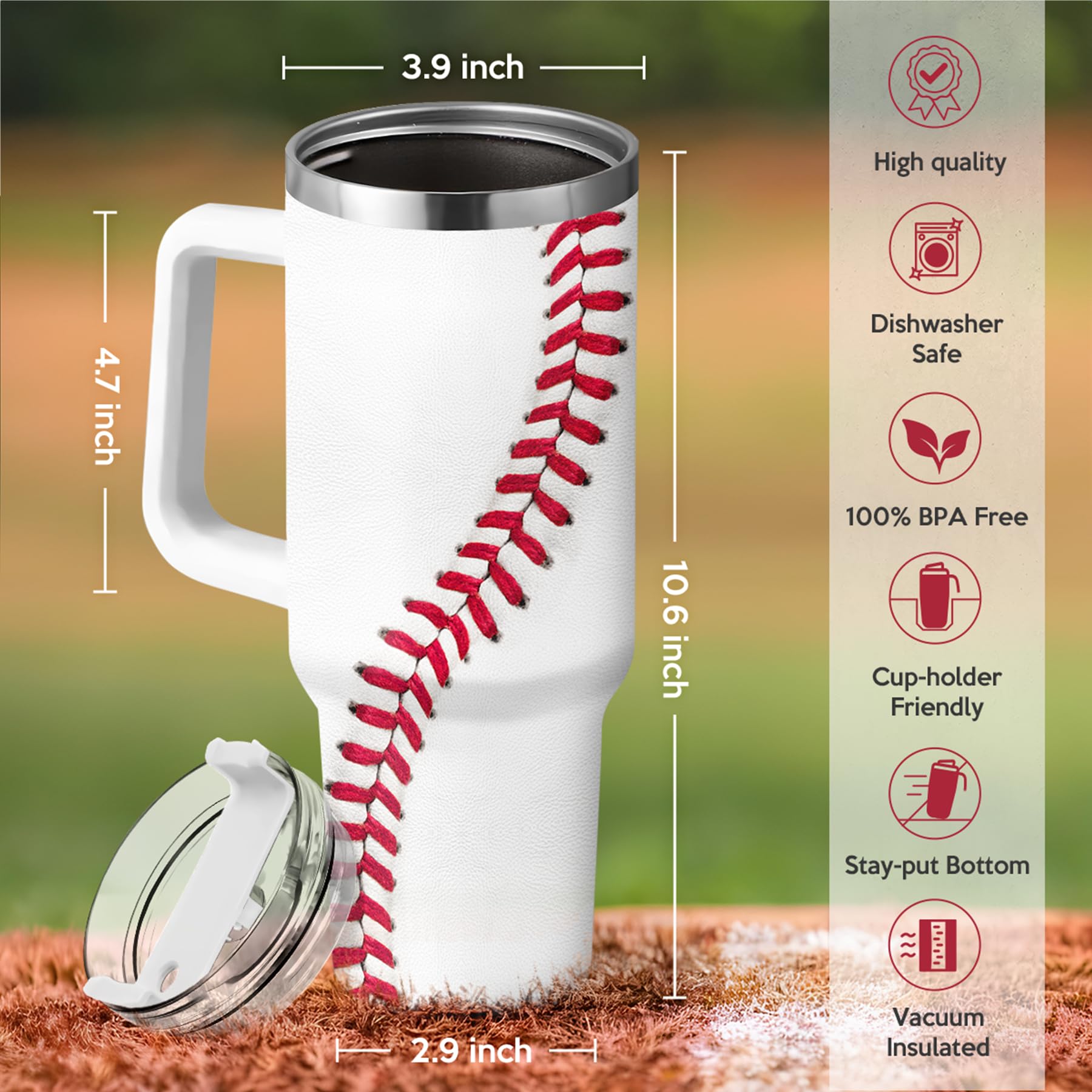 Baseball Tumbler with Handle 40oz, Insulated Stainless Steel Cup with Lid & Straw, Gifts for Men, Boys, Players, Coaches, Sports Lovers, Christmas, Birthday