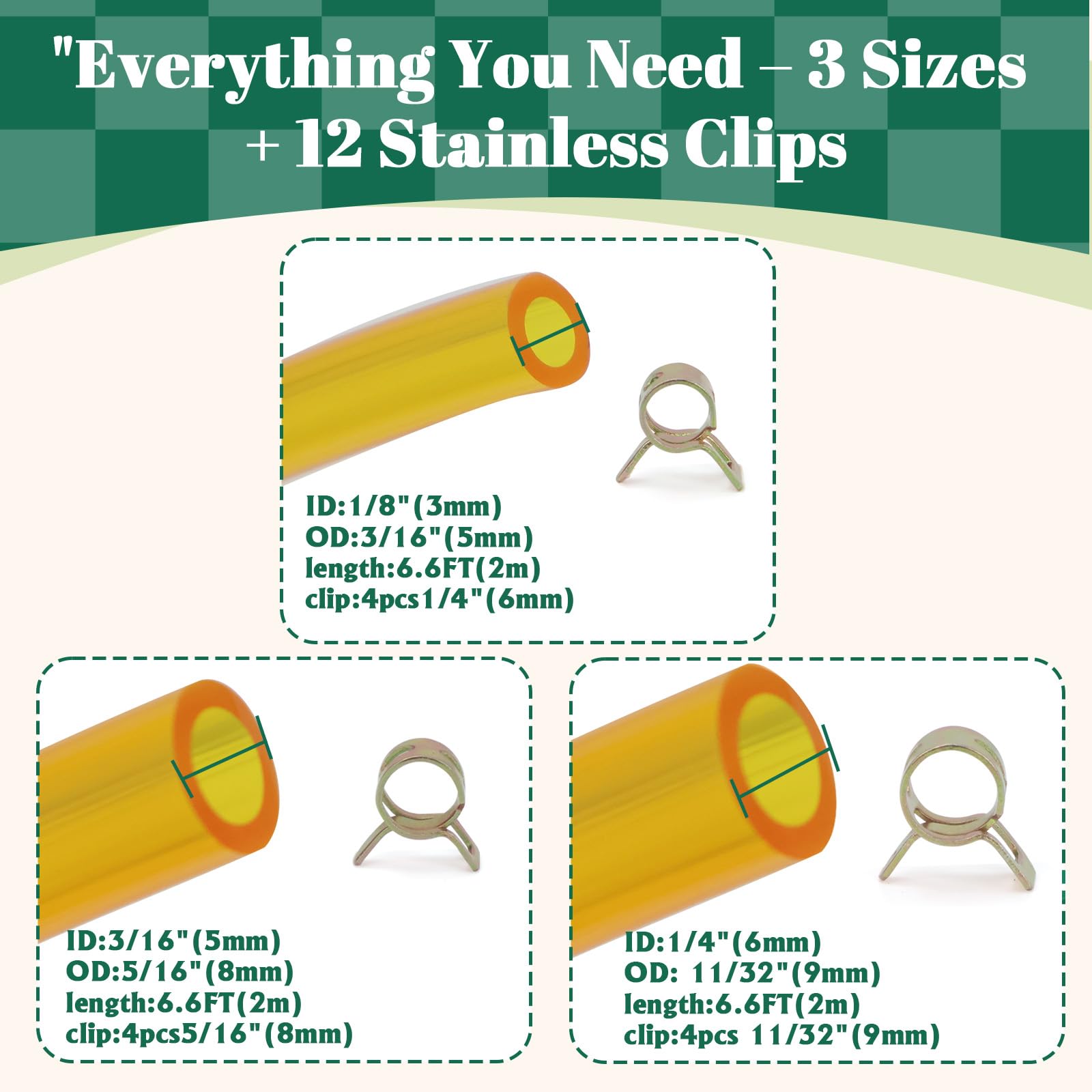 Premium TPU Fuel Line Kit 3 Sizes (3mm ID/5mm OD, 5mm ID/8mm OD, 6mm ID/9mm OD), 6.6ft Each, with 12 Steel Clamps, Universal Gas Diesel Fuel Hose for Lawn Mower Chainsaw Small Engines