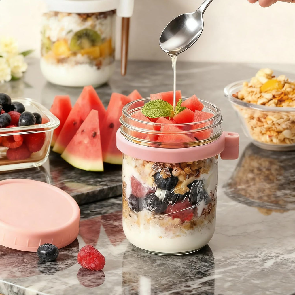 Oillase 4 Pack Overnight Oats Containers with Lids and Spoons, 16 oz Glass Mason Jars with Airtight Lids, Overnight Oats Jars for Milk, Cereal, Fruit