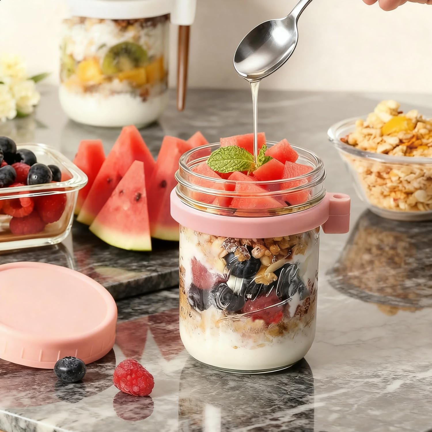 Oillase 4 Pack Overnight Oats Containers with Lids and Spoons, 16 oz Glass Mason Jars with Airtight Lids, Overnight Oats Jars for Milk, Cereal, Fruit