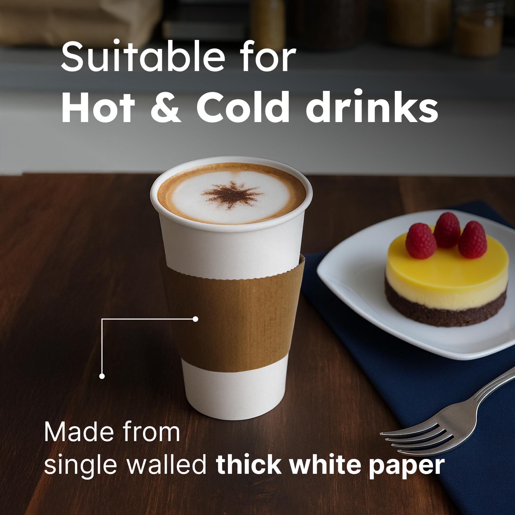 16oz Disposable Coffee Cups with Lids and Sleeves – Set of 50 Disposable Cups for Hot and Cold Drinks – White Paper Cups with Lids and Covers for Thermal Protection – 50 Units, 16oz Each