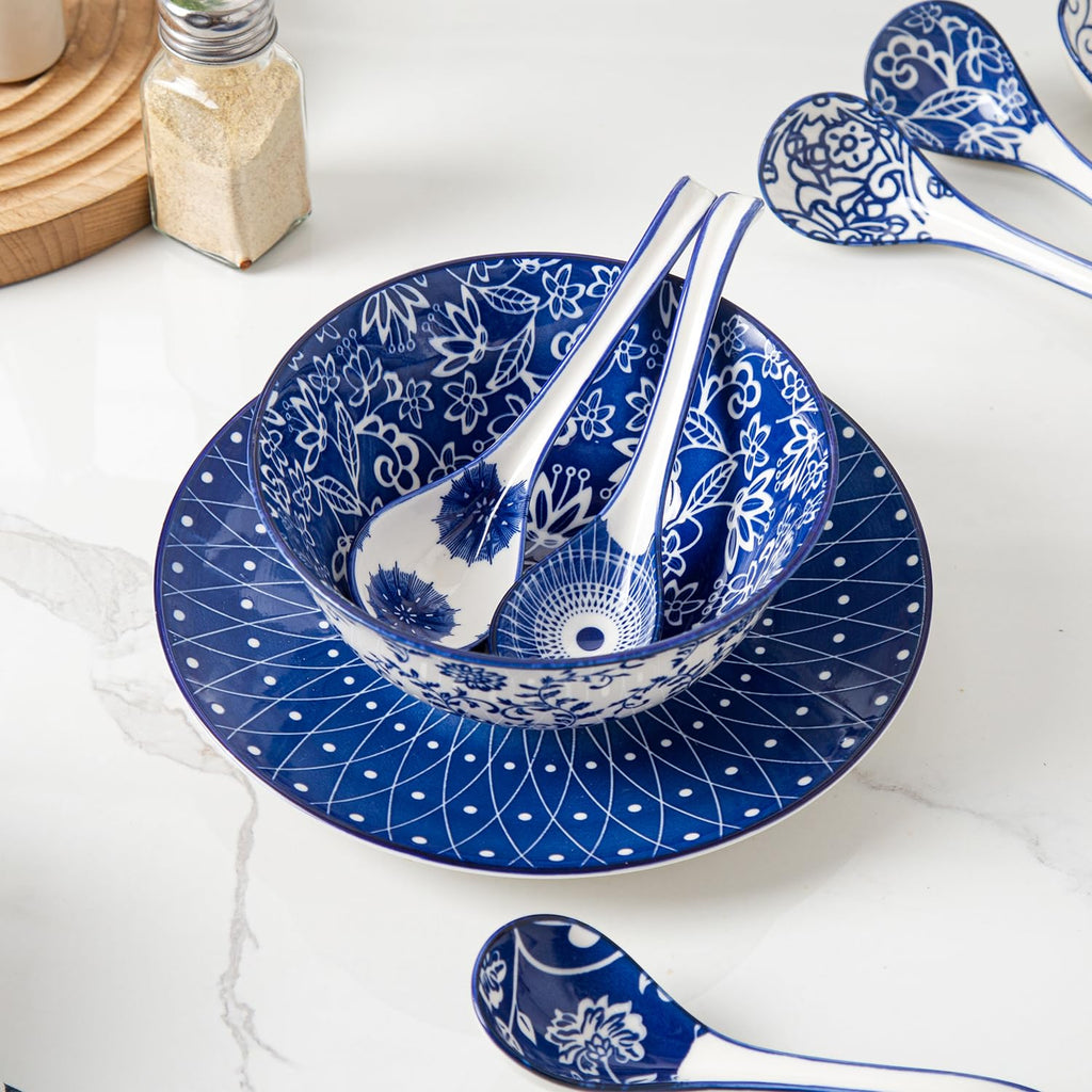 Cerkik Ceramic Asian Soup Spoon - 6.3 Inch Chinese Soup Spoons Japanese Ramen Spoons for Pho Dumplings Wonton Miso Cereal Stews Noodles - Vintage Blue