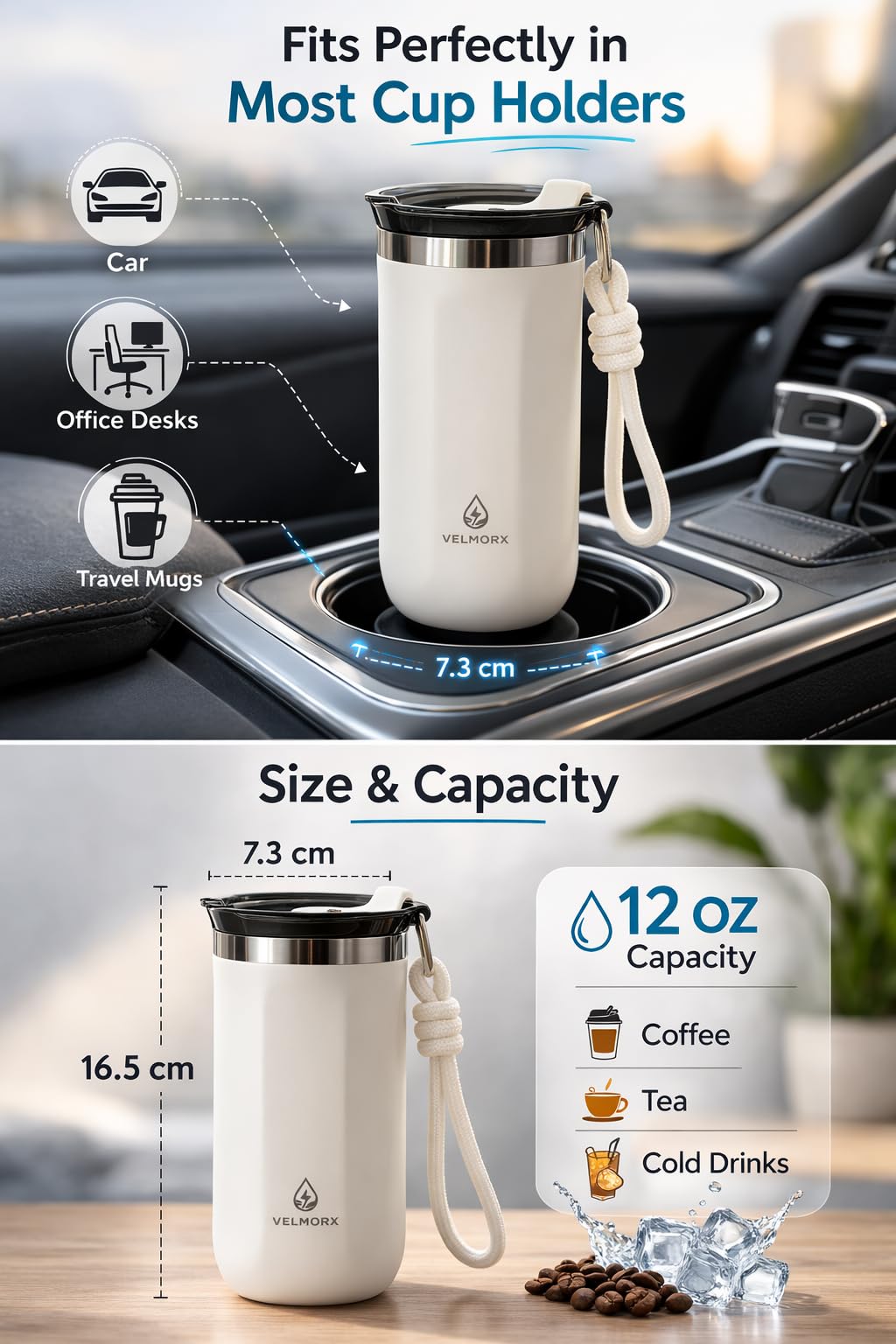 VELMORX Insulated Stainless Steel Travel Mug – 12 oz | Leak-Resistant Lid, Double-Wall Vacuum Coffee Cup – Keeps Drinks Hot/Cold – Reusable Portable Mug (White)