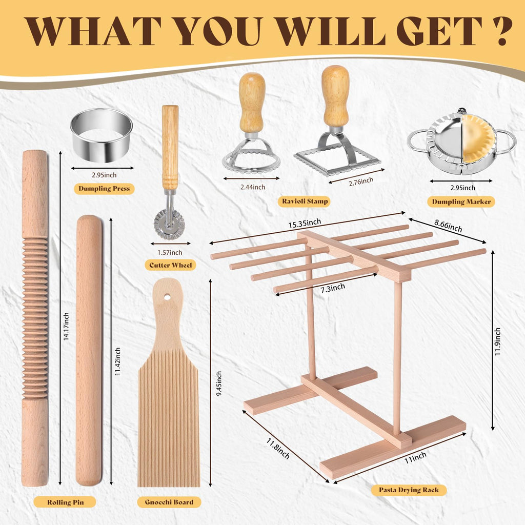 Pasta Making Tools, 9 PCS Wood Pasta Making Kit with Pasta Drying Rack, Pasta Roller, Gnocchi Board, Ravioli Cutter Pasta Making Accessories