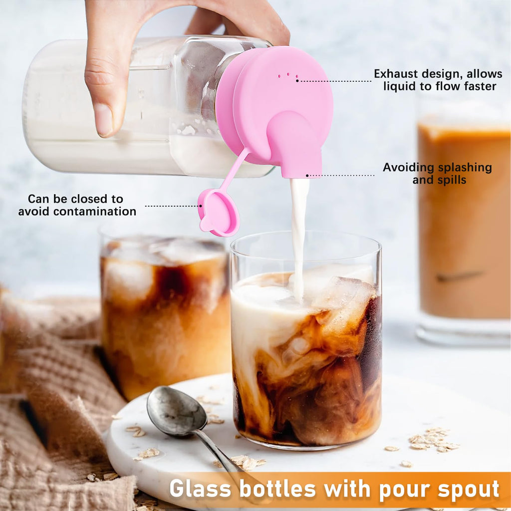 4 Pack 16 Oz Square Glass Bottles with A Silicone Dispenser Cap, Juice Bottles with Airtight Screw Lid, Glass Water Bottles with Capacity Marks, Milk Container for Fridge