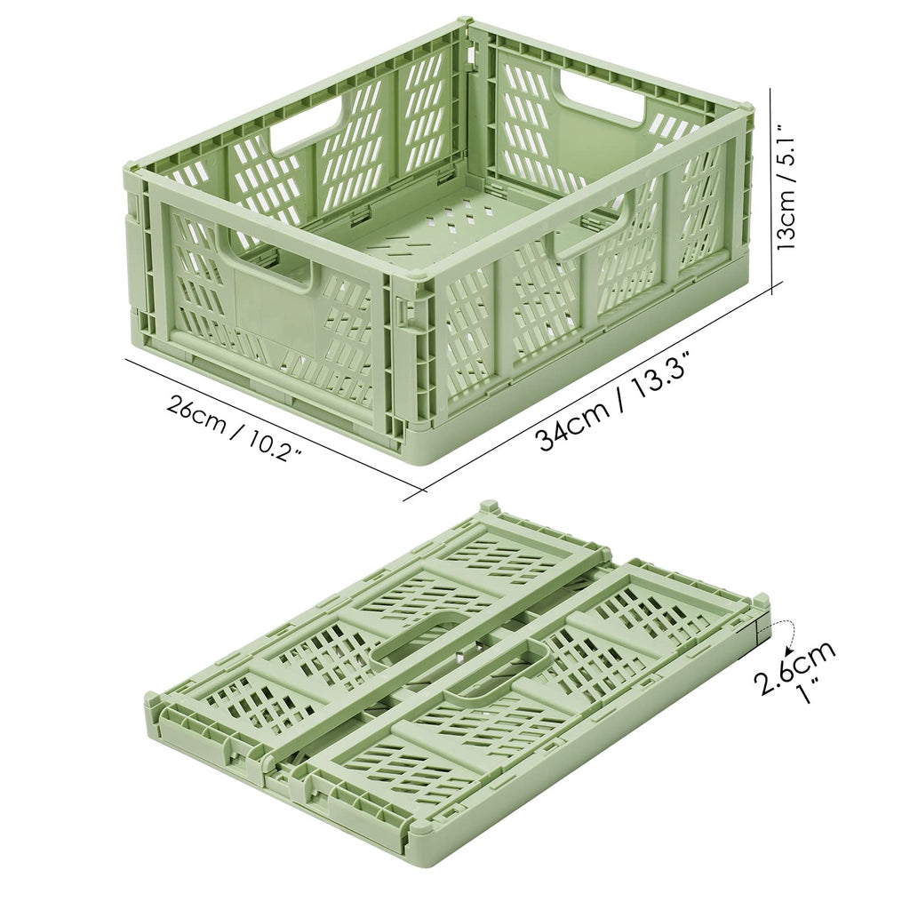 Asiulalt 4 Pack Plastic Storage Bin, Stackable Storage Container Crate with Handle, Collapsible Storage Basket for Organizing Home Office Shelves Closet Nursery (Green,13.3"x10.2"x5.1")