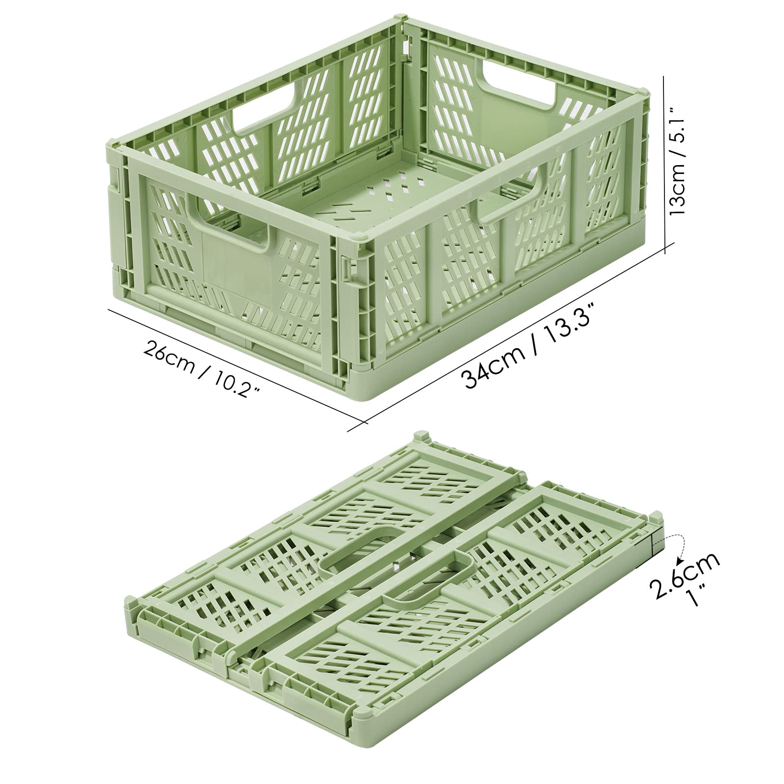 Asiulalt 4 Pack Plastic Storage Bin, Stackable Storage Container Crate with Handle, Collapsible Storage Basket for Organizing Home Office Shelves Closet Nursery (Green,13.3"x10.2"x5.1")