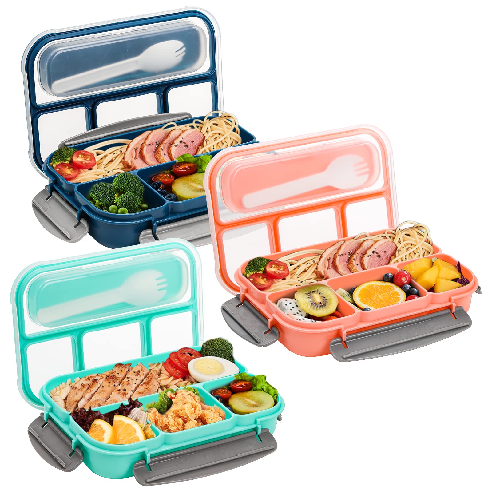 Okllen 3 Pack Bento Lunch Box, Plastic Bento Box Adult Lunch Box with 4-Compartment & Spoon, Leakproof Lunch Containers for Meals,Snacks, School, Company, and Travel, Pink, Green, Blue