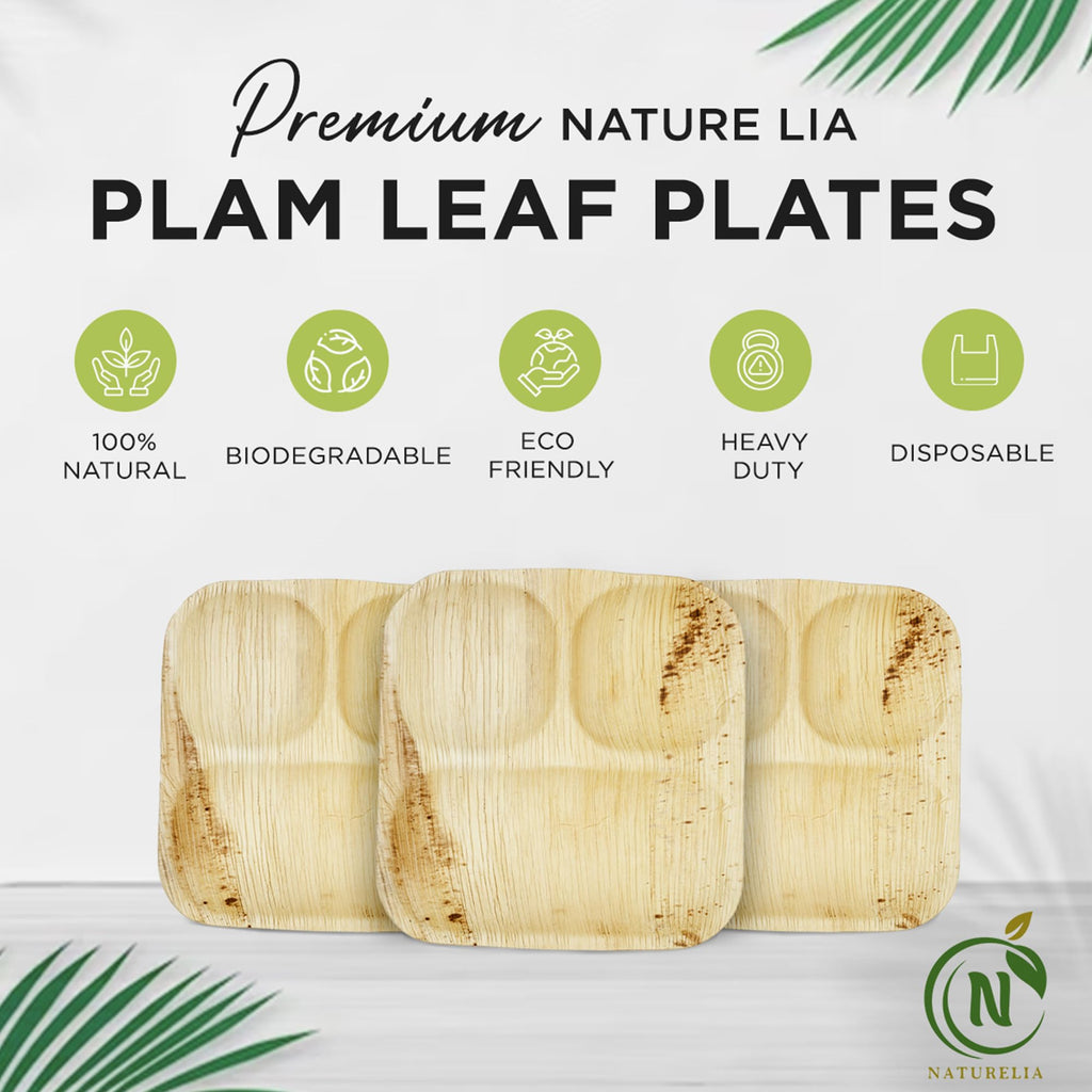 Naturelia Areca Square 9-Inch Plate with 3 Partitions- Eco-Friendly, Biodegradable, Microwave & Oven Safe- Sustainable & Natural Cutlery Ideal for Weddings, Parties, Events