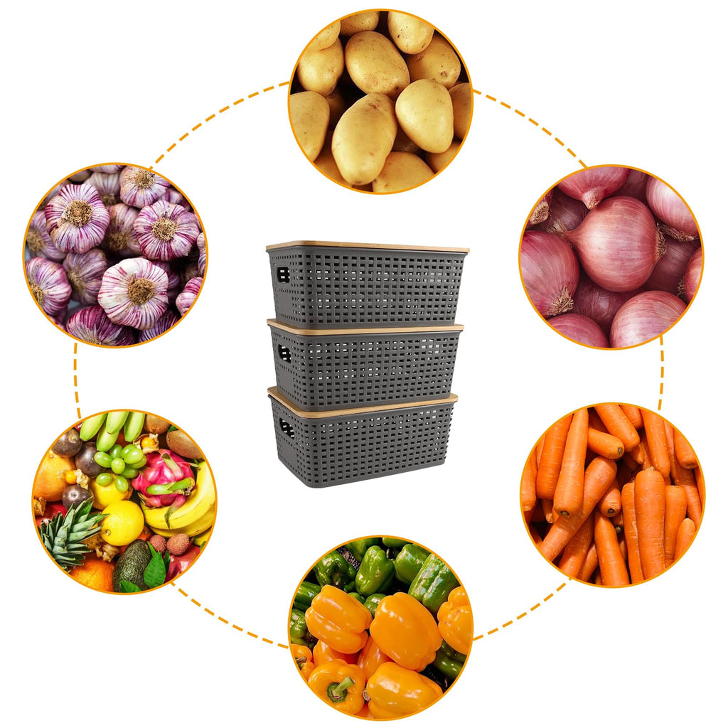 Dewsea Onion and Potato Storage Bins Set, Vegetable Storage Basket, 3 Pack Pantry Storage with Bamboo Lids & Handles for Produce, Fruit, Bread and Snacks