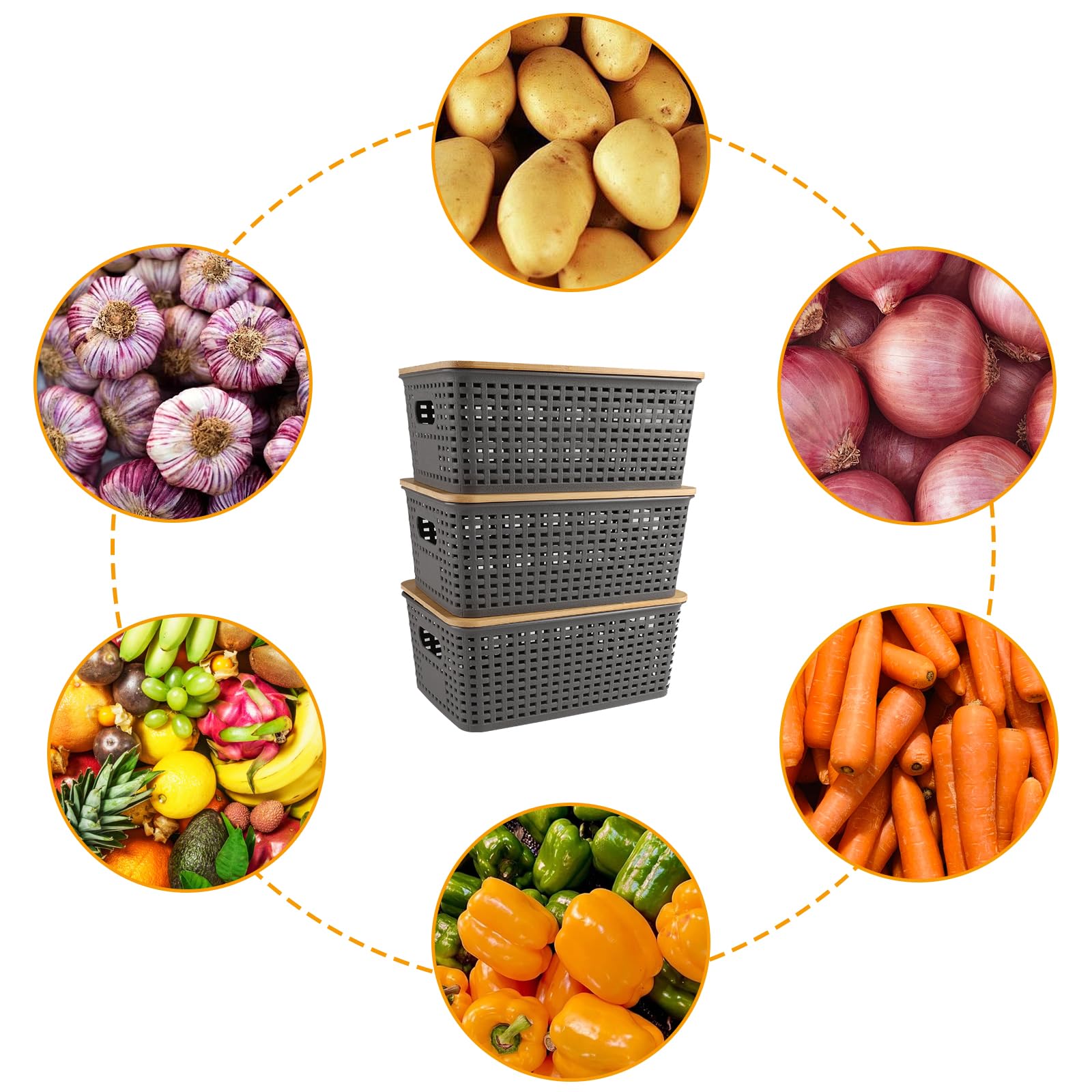 Dewsea Onion and Potato Storage Bins Set, Vegetable Storage Basket, 3 Pack Pantry Storage with Bamboo Lids & Handles for Produce, Fruit, Bread and Snacks
