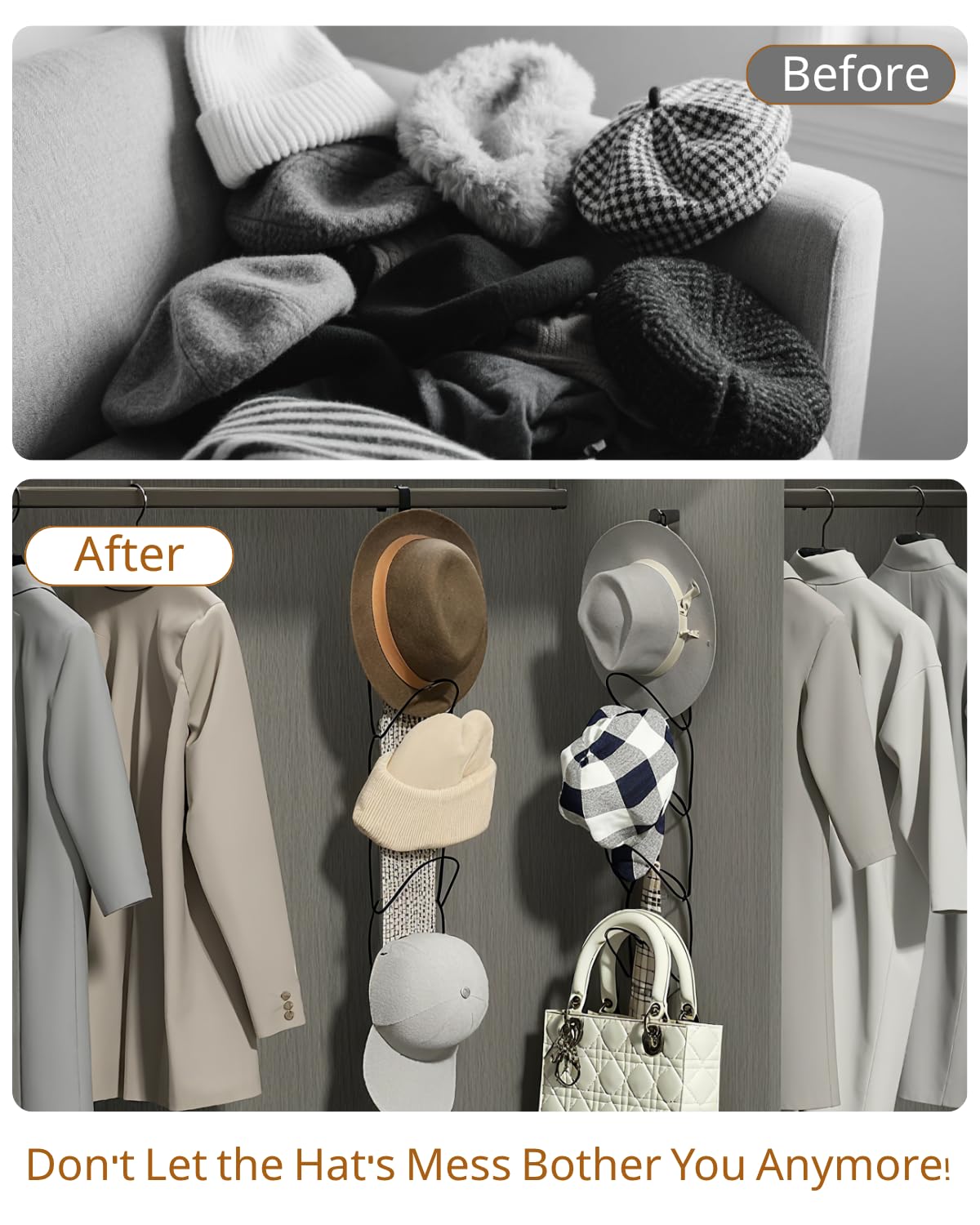 LINFIDITE 15 Pack Hat Rack Hanger Organizer Closet Hanging Baseball Cap Display Storage Rack Over Door Wall Mounted for Scarves Handbags Towels Clothes Ties w Hanging Hook Black