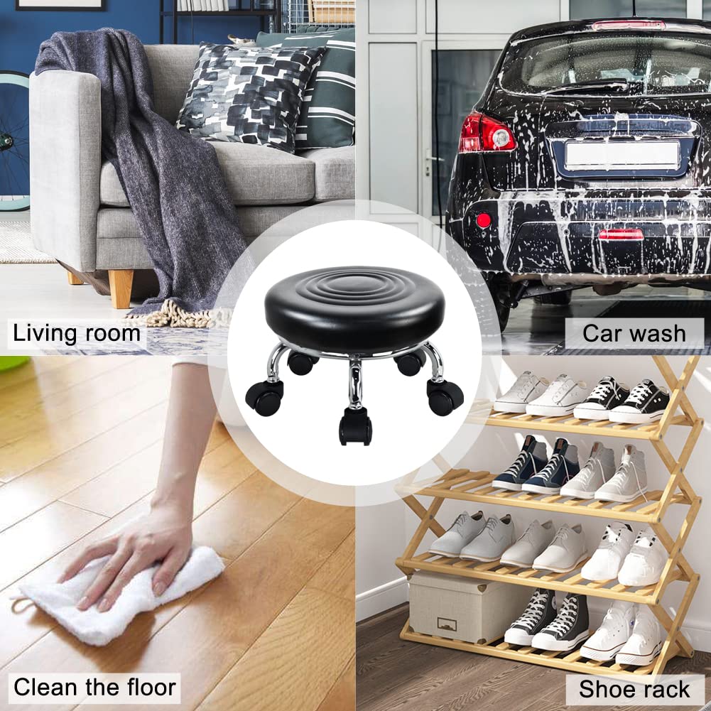 WKWKER Modern Roller Seat PU Leather Low Round Rolling Stool 360° Swivel Small Stool with Universal Caster Wheels Foot Stool for Home Office Garage Shop Fitness Sport H：8.4" （Black）