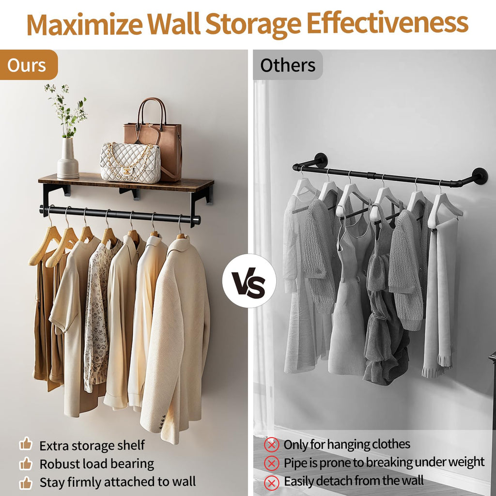 Luxspire Clothes Rack 28.7inch, Wall Mounted Garment Racks with Top Shelf for Hanging Clothes, Heavy Duty Industrial Pipe Garment Rack, Laundry Room Shelves Closet Storage, Black + Brown