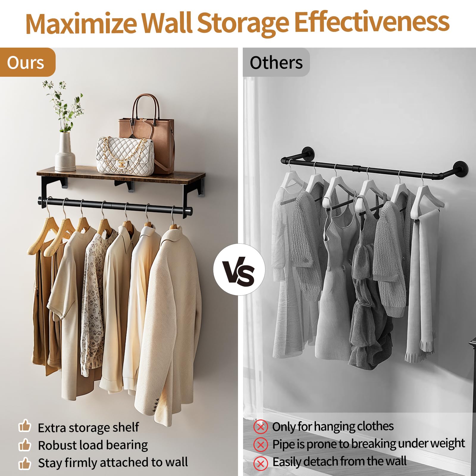 Luxspire Clothes Rack 28.7inch, Wall Mounted Garment Racks with Top Shelf for Hanging Clothes, Heavy Duty Industrial Pipe Garment Rack, Laundry Room Shelves Closet Storage, Black + Brown