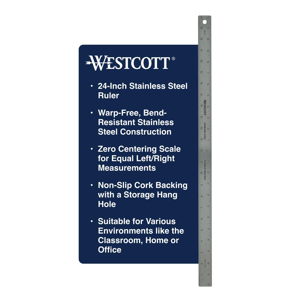 Westcott ZC-24 Zero Center Stainless Steel Metal Ruler with Non-Slip Cork Base, 24 in