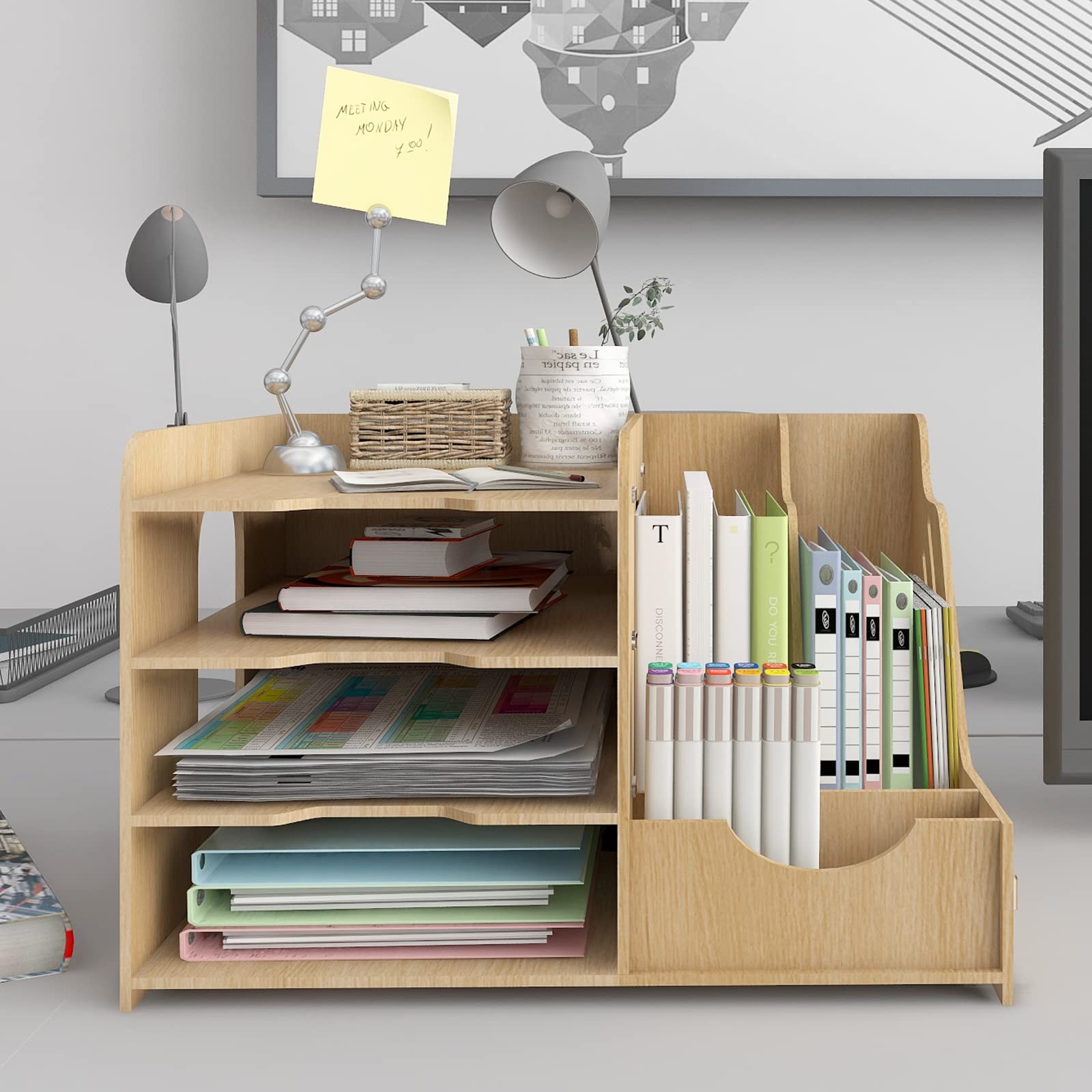 PUNCIA 4 Tier Wooden Desktop Organizer Letter A4 File Rack - Mail Sorter with Vertical & Horizontal File Holder, Tabletop Storage Box for Office Supplies Binders Folders Trays